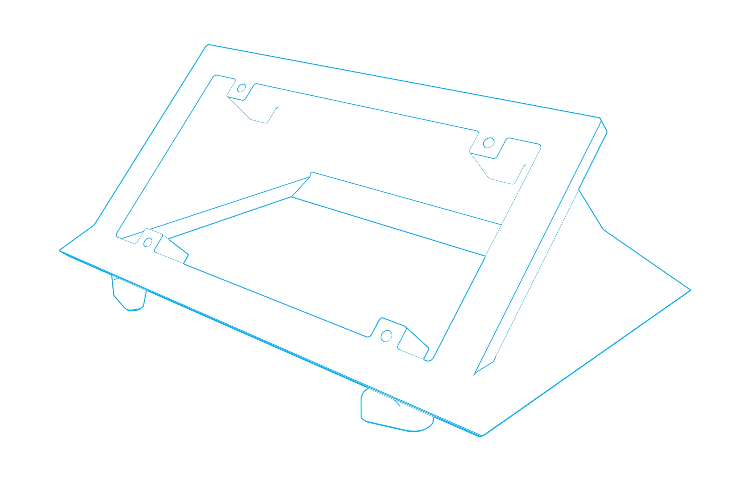 Angled console insert with a rectangular Extron AAP 104 mounting opening and two upper mounting tabs.