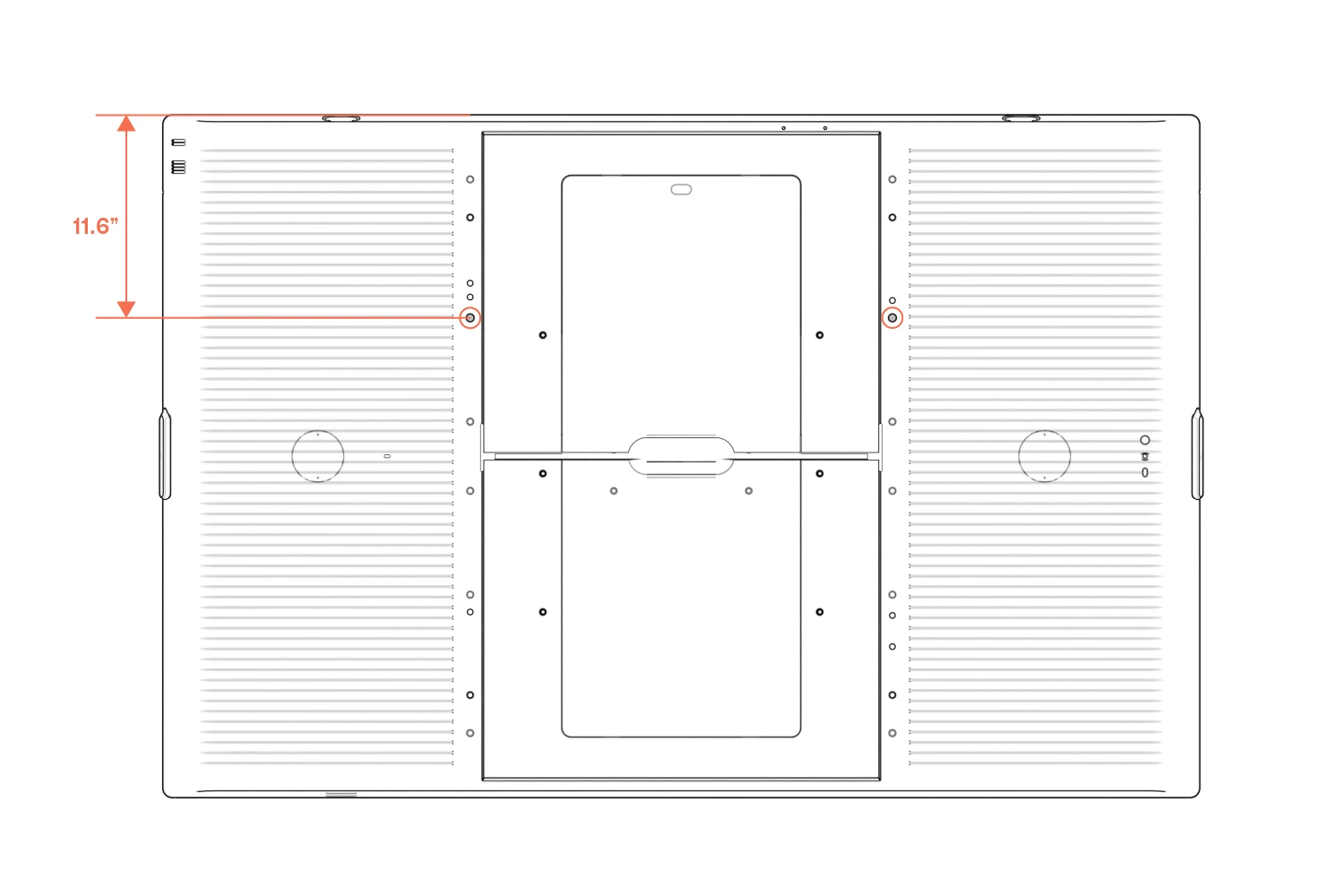 Rear of the display with the upper outer mounting holes marked 11.6 inches from the top.