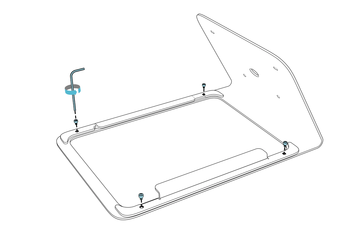 Rear view of the portrait stand with a hex key at one of four retaining-bracket screws.
