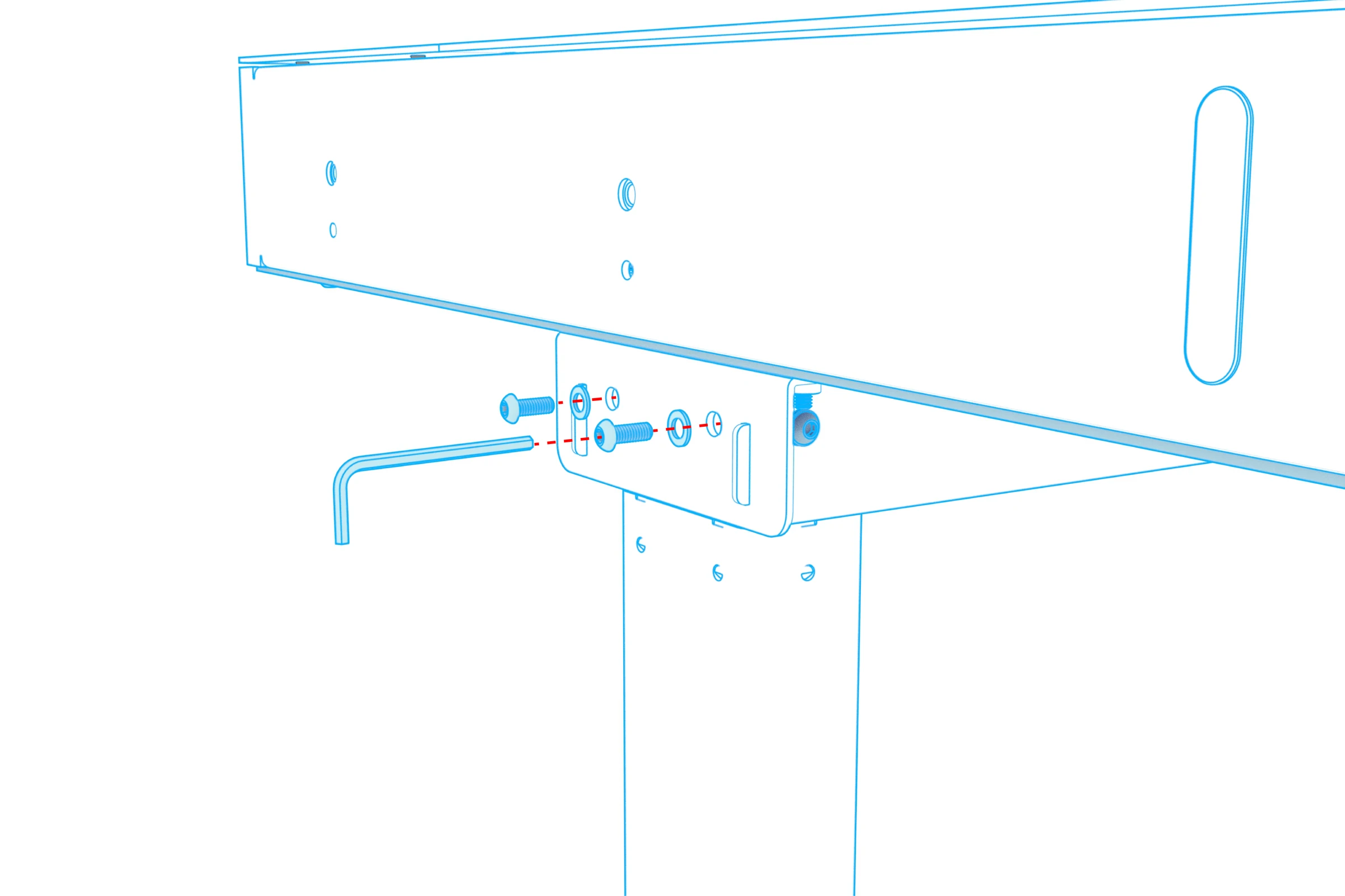 Remaining side screws and washers aligned with one lift-column connection and a hex key.