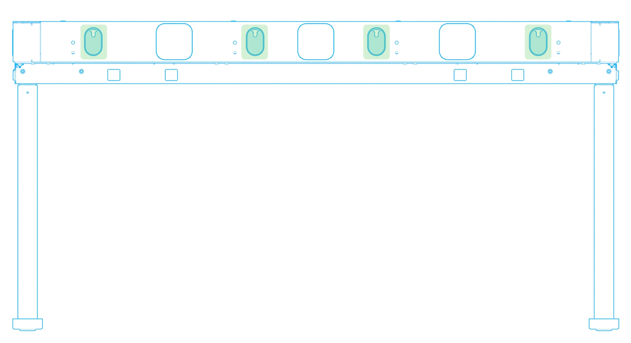 Four capped cable pass-through openings highlighted on the rear console wall.
