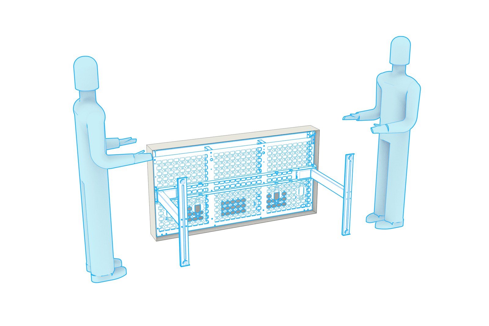 Animation showing two people rotating the lectern and carton bottom toward the upright position.