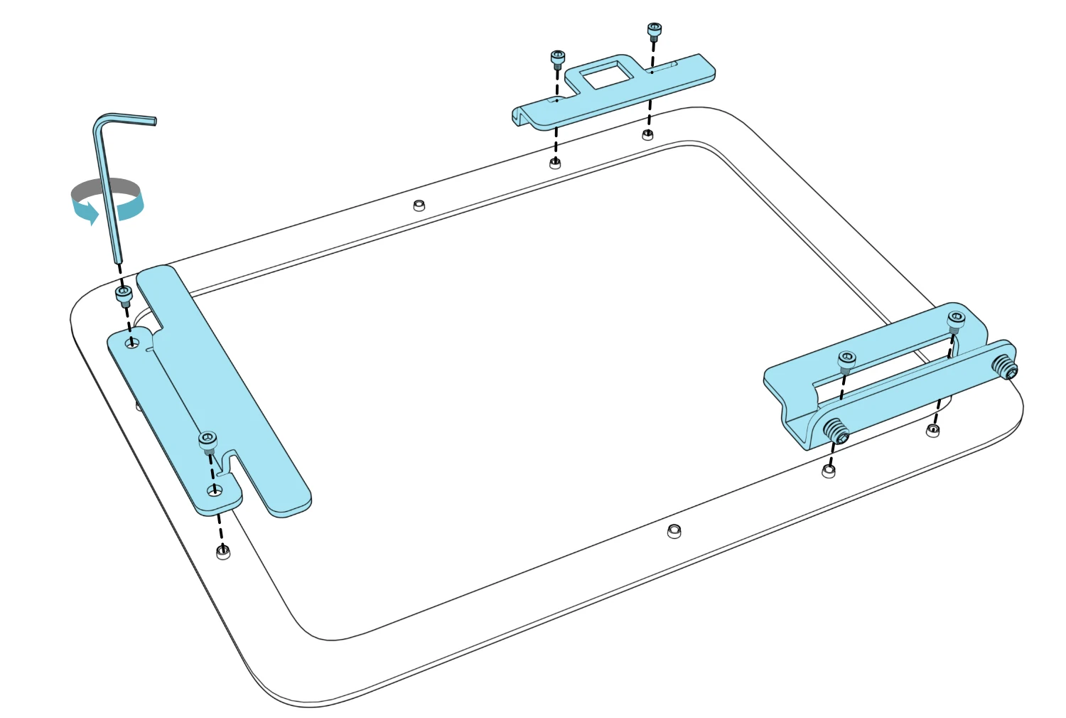 Exploded rear view showing the top, bottom, and side enclosure brackets, their screws, and a hex key aligned with one bracket screw.