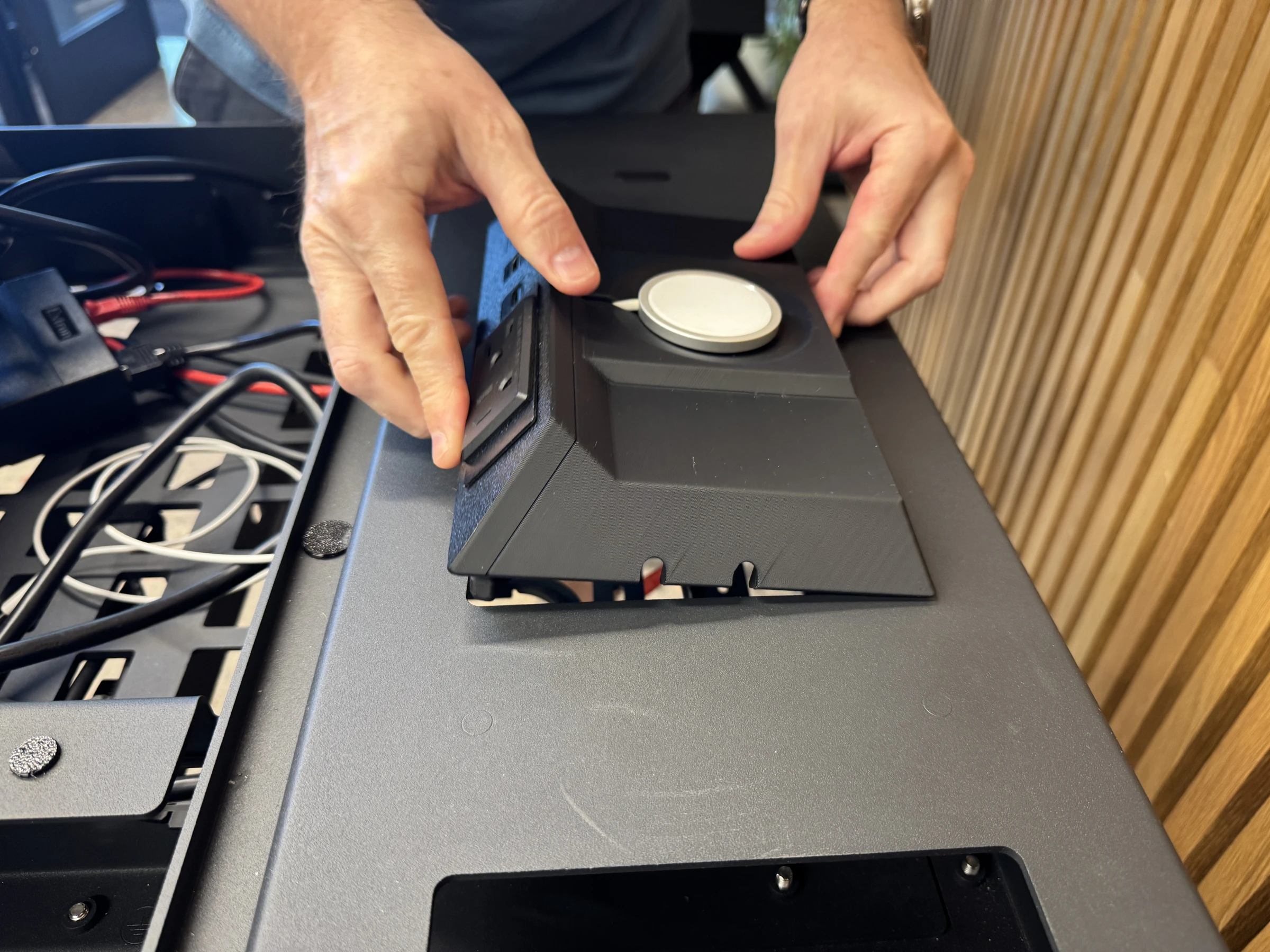 Photograph 31. Aligning the insert within the lectern opening.