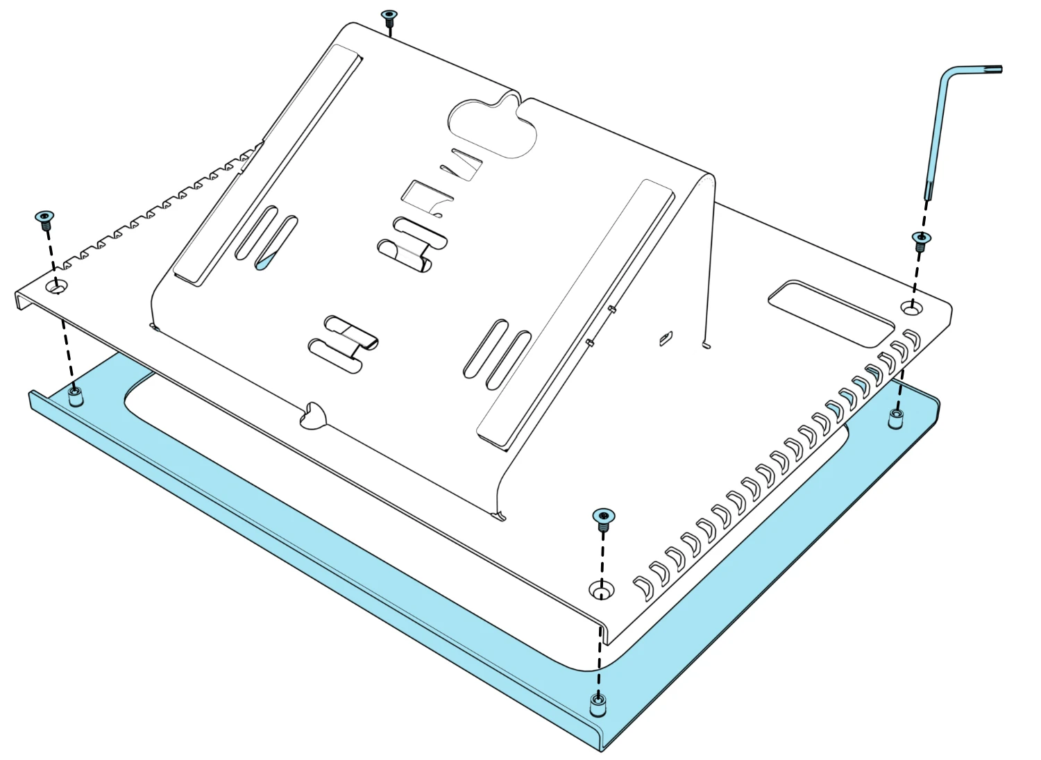 Exploded underside view of the console and separated front bezel, with four screws and the assembly key aligned to the mounting holes.