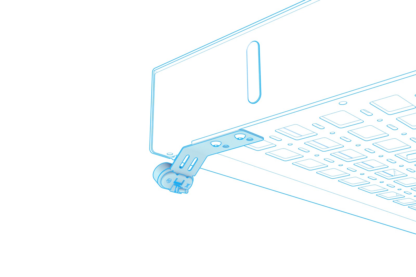 Animation showing the height-adjustment switch sliding onto its bracket beneath the lectern.