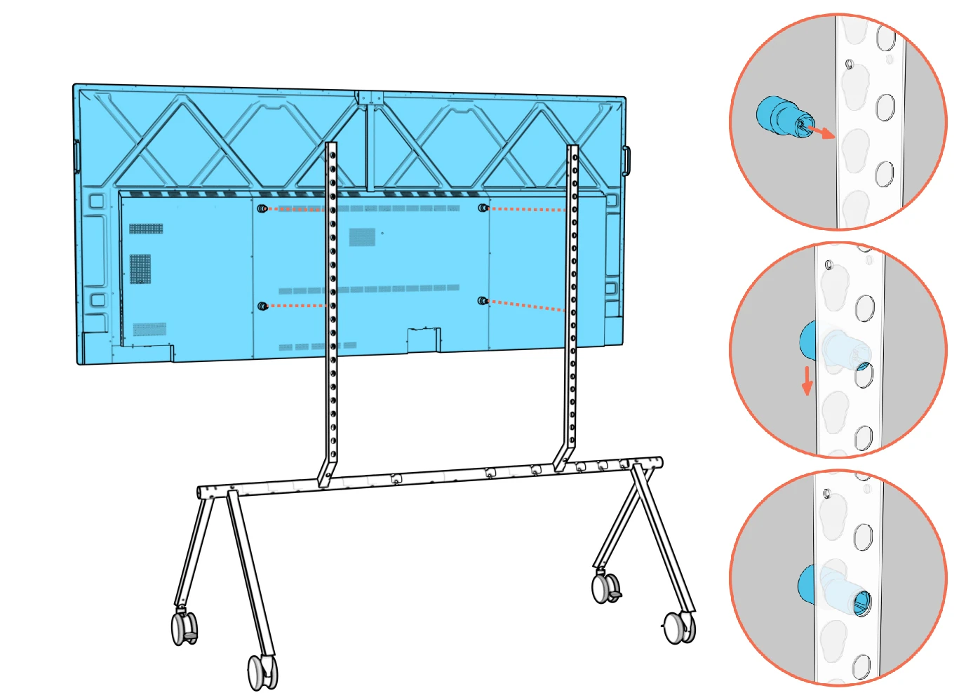 Display anchors inserting into the column keyholes and lowering into the narrow slots, shown in close-ups.