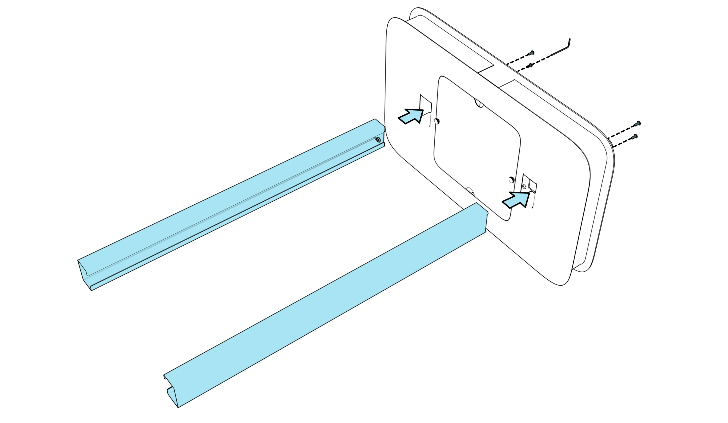 Lower arms aligned with the rectangular cutouts while the bottom shelf rests on its edge.