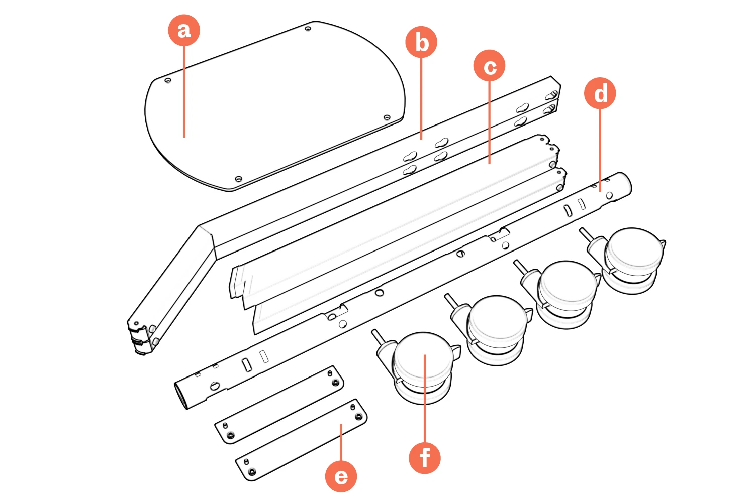 Parts diagram labeled a–f: felt cover, two bent columns, four legs, beam, two battery brackets, and four casters.