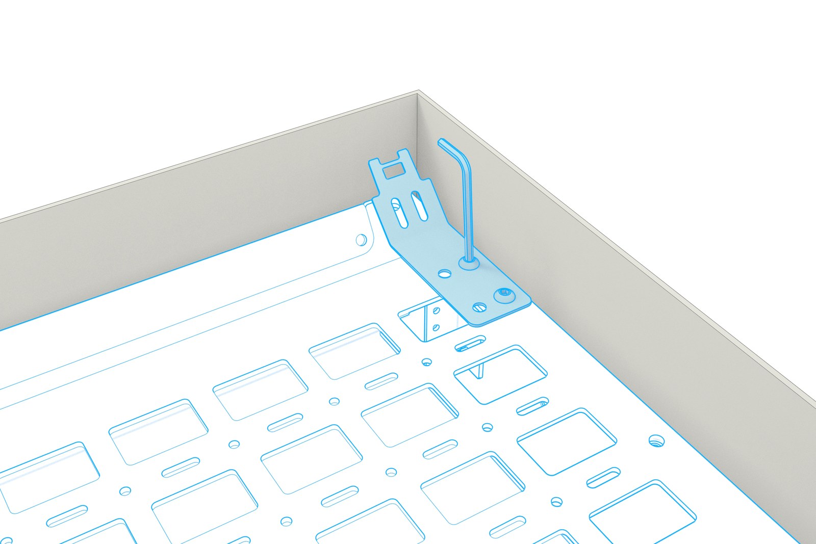Animation showing the control-switch bracket fastened at the front corner with two screws.