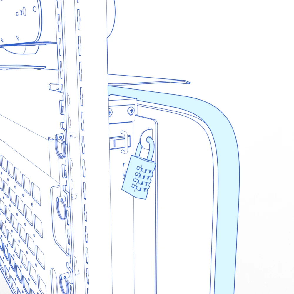 Small padlock installed through the tab on the rear of the front panel.