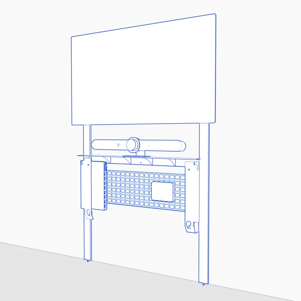 Device panel mounted between the uprights beneath the shelf.