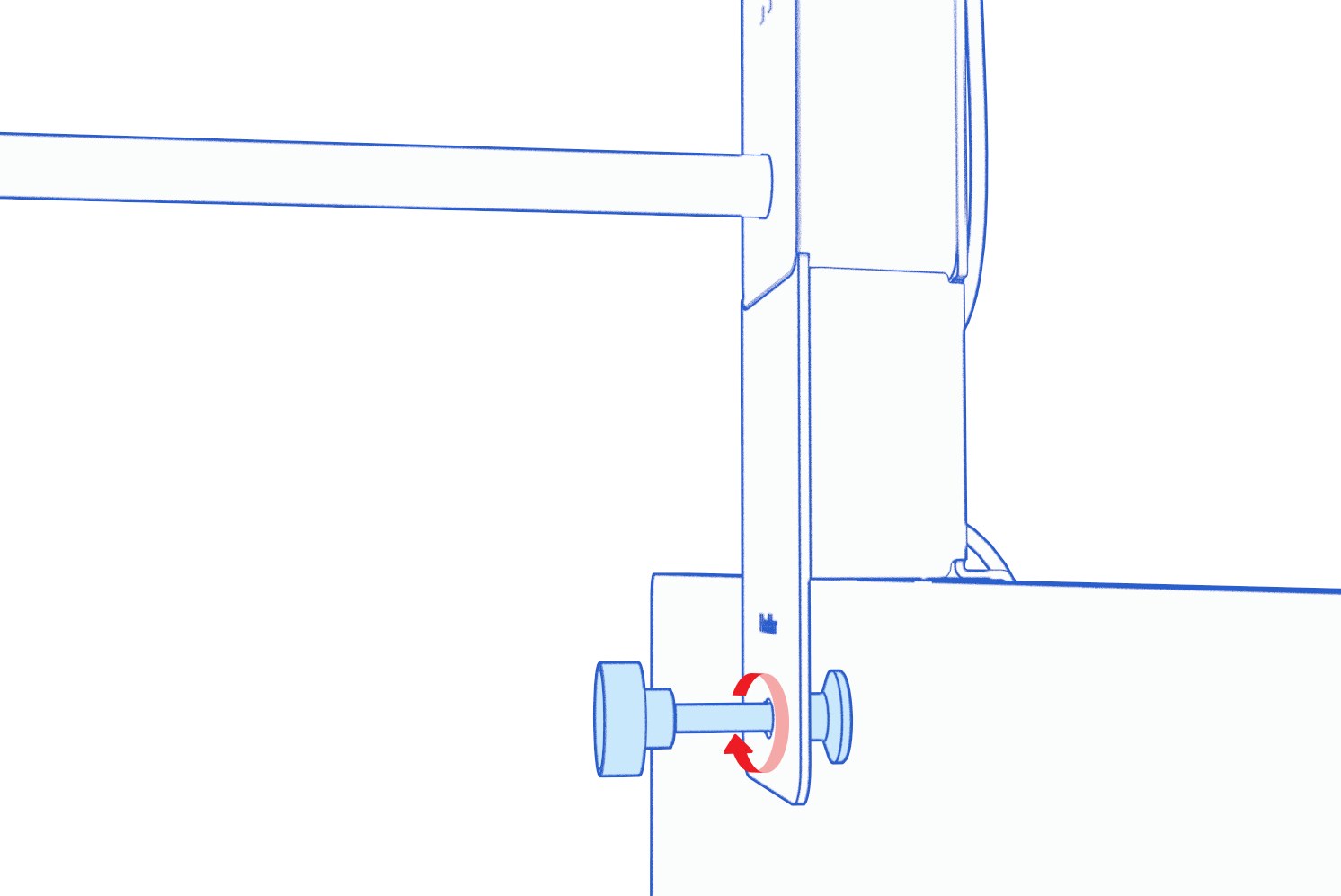 Close-up animation of the clamping knob turning and the thrust pad moving against the whiteboard.