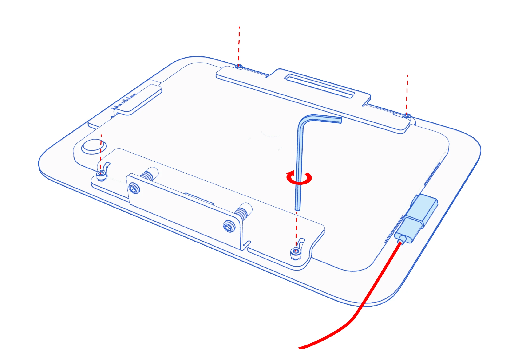 Rear view of the installed iPad mini, with an assembly key at an enclosure-bracket screw and the USB-C cable connected at the side.