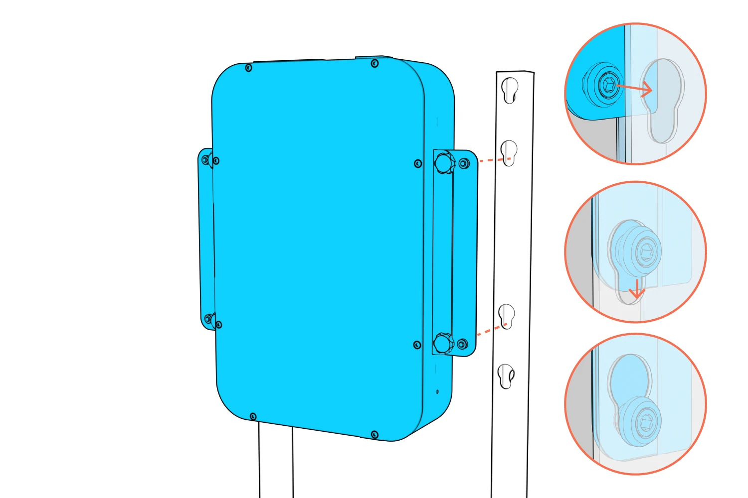 Three views show the battery anchors entering the column keyholes and lowering into place.