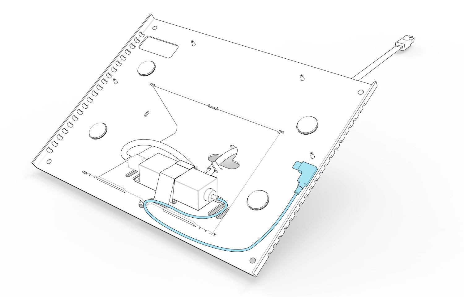 USB-C cable looped around the adapter and routed to a right-angle connector at the side of the console.