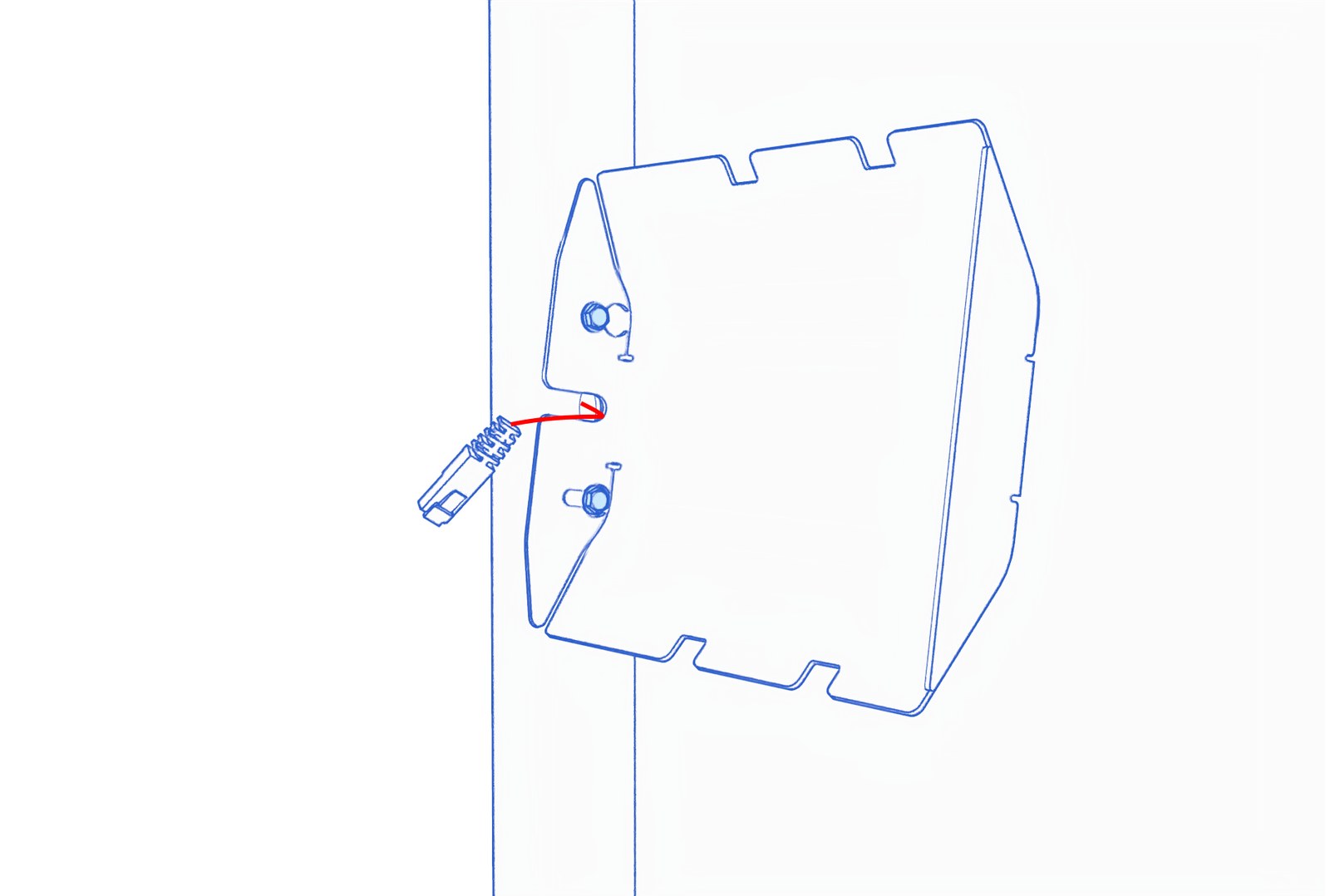 Animated diagram showing the pocket in an angled position on the mullion-mounting screws, with the network cable passing through its center opening.