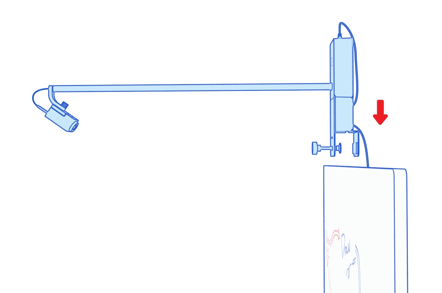Animation of the camera and clamp lowered over the top edge of a whiteboard.