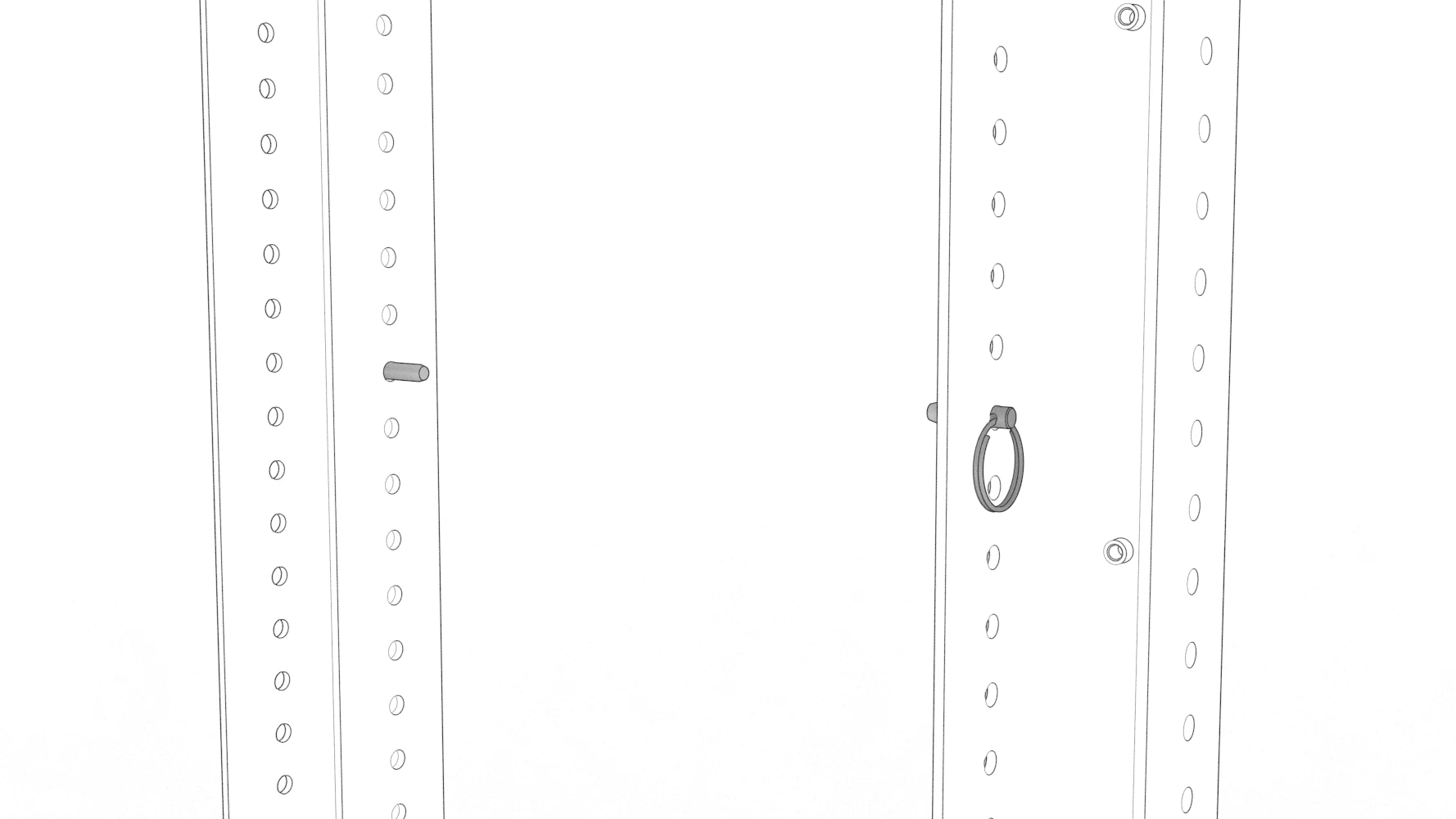 Two quick-release pins aligned with matching height holes in the cart uprights.