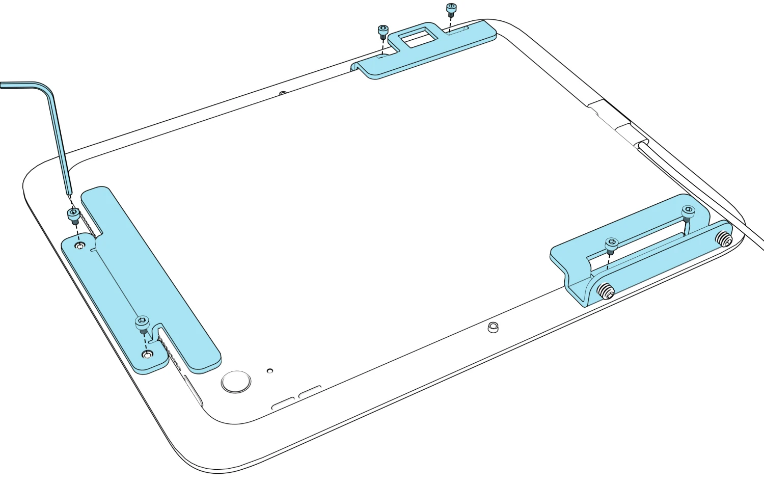 Rear view of the iPad in the enclosure, with three brackets and their screws aligned over it, a hex key at one screw, and the charging cable extending from the side.