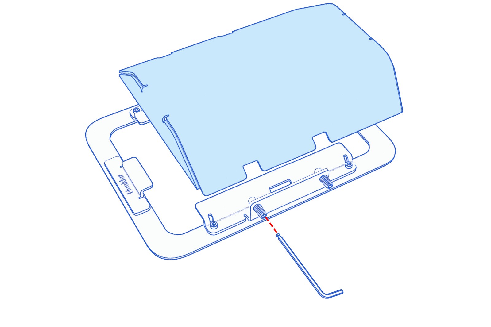 Animated diagram showing the hex key at a lower set screw and the pocket lifted away from the tablet enclosure.