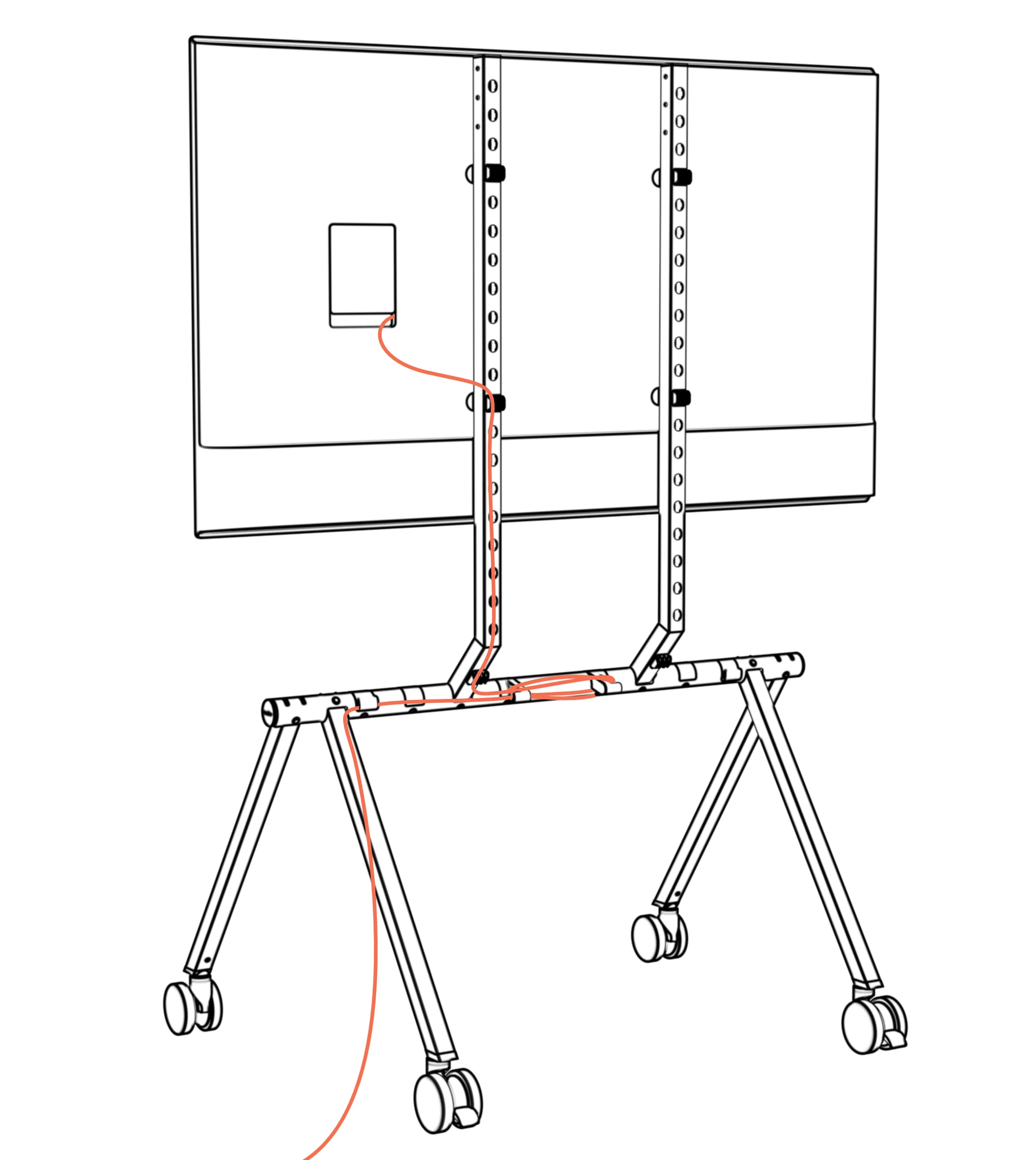 A cable routed from the rear of the display down a column and along the beam.
