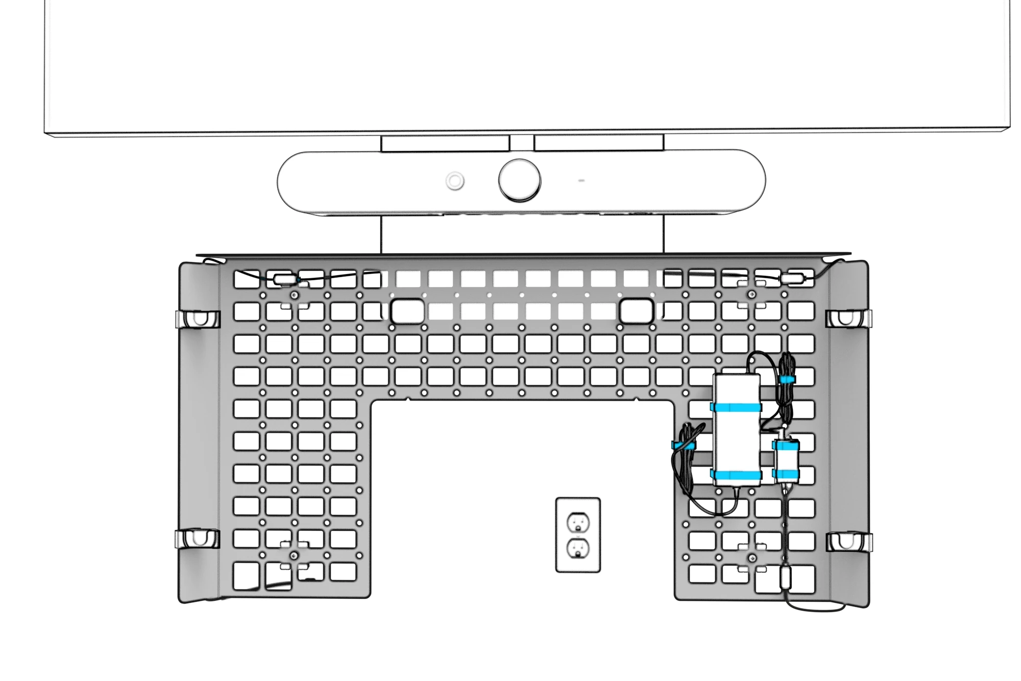 Hook-and-loop straps holding the controller, power adapter, and coiled excess cable to the chassis grid.