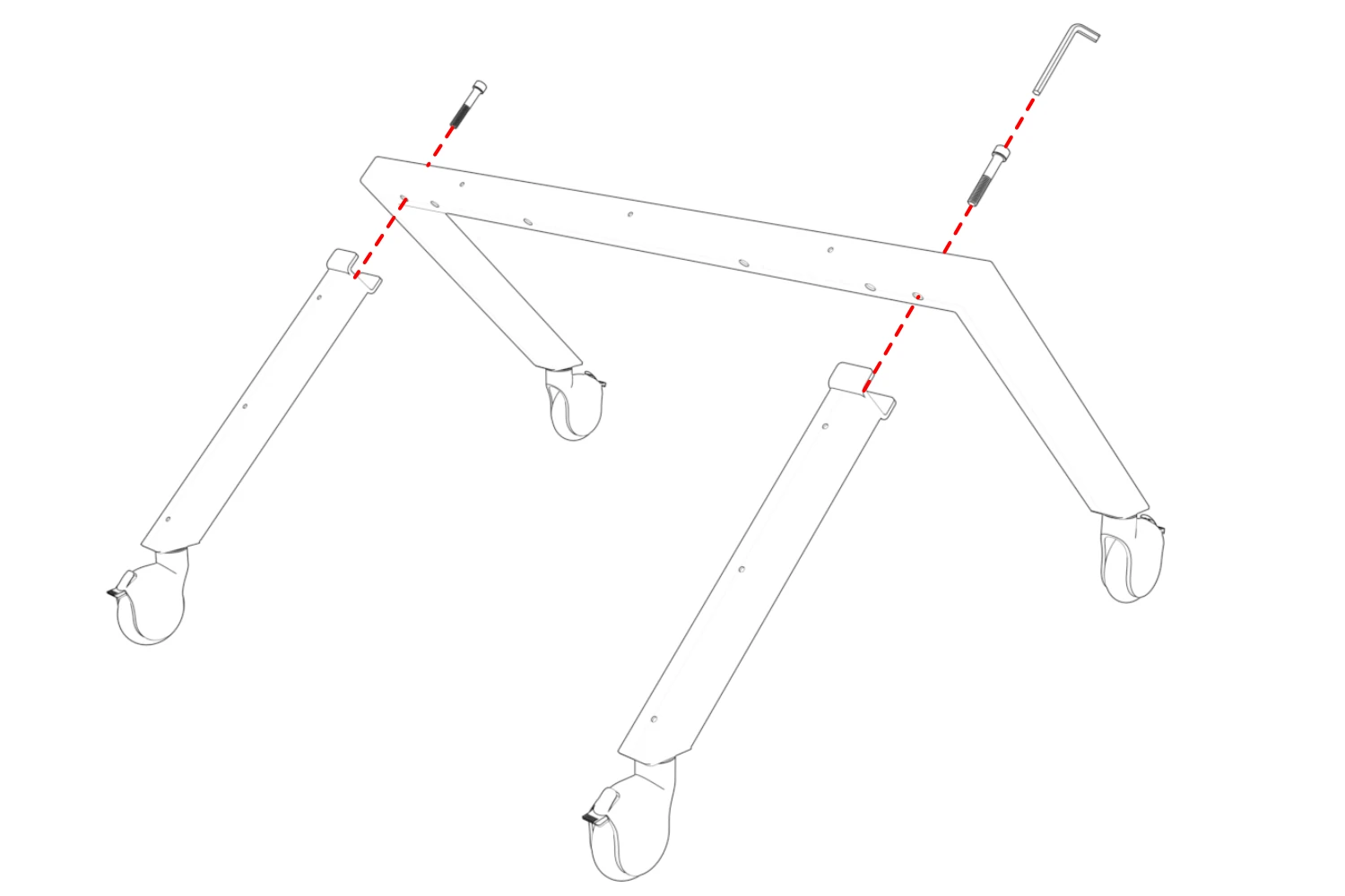 Rear legs aligned with the front base, with screws and a hex key positioned above the joints.