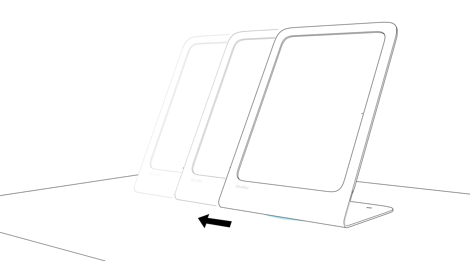 The portrait stand shown in two countertop positions, with an arrow indicating movement.