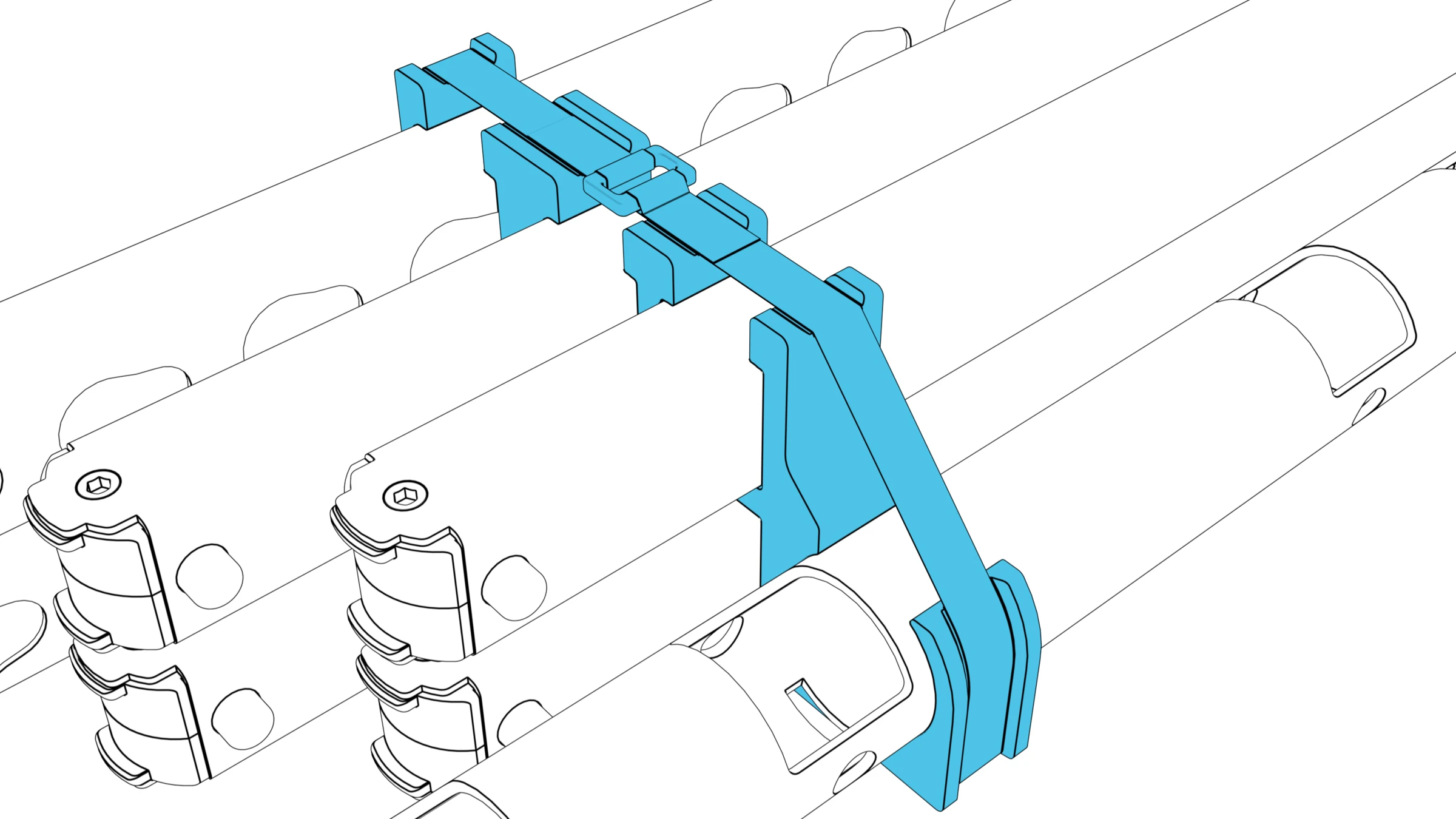 Close-up of a strap and steel buckle securing the packed stand components in a storage ring.