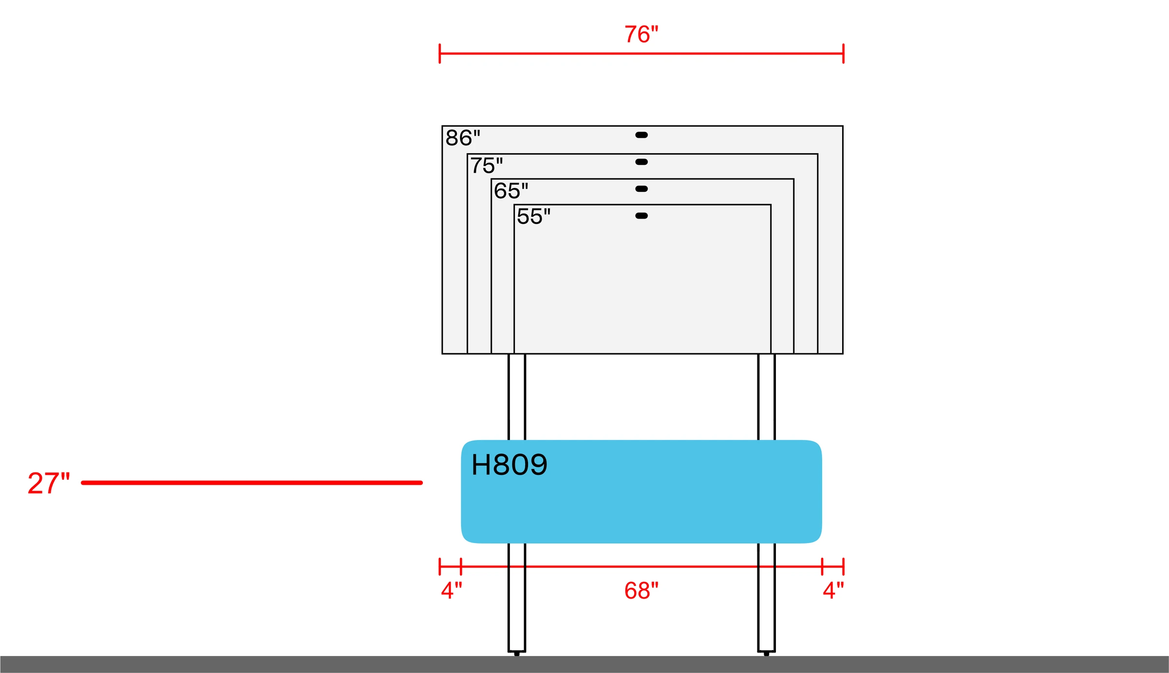 Single-display examples on H800 AV Wall above one H809 panel, with a 76-inch layout width. The 27-inch mounting reference, panel widths, and spacing dimensions are shown.
