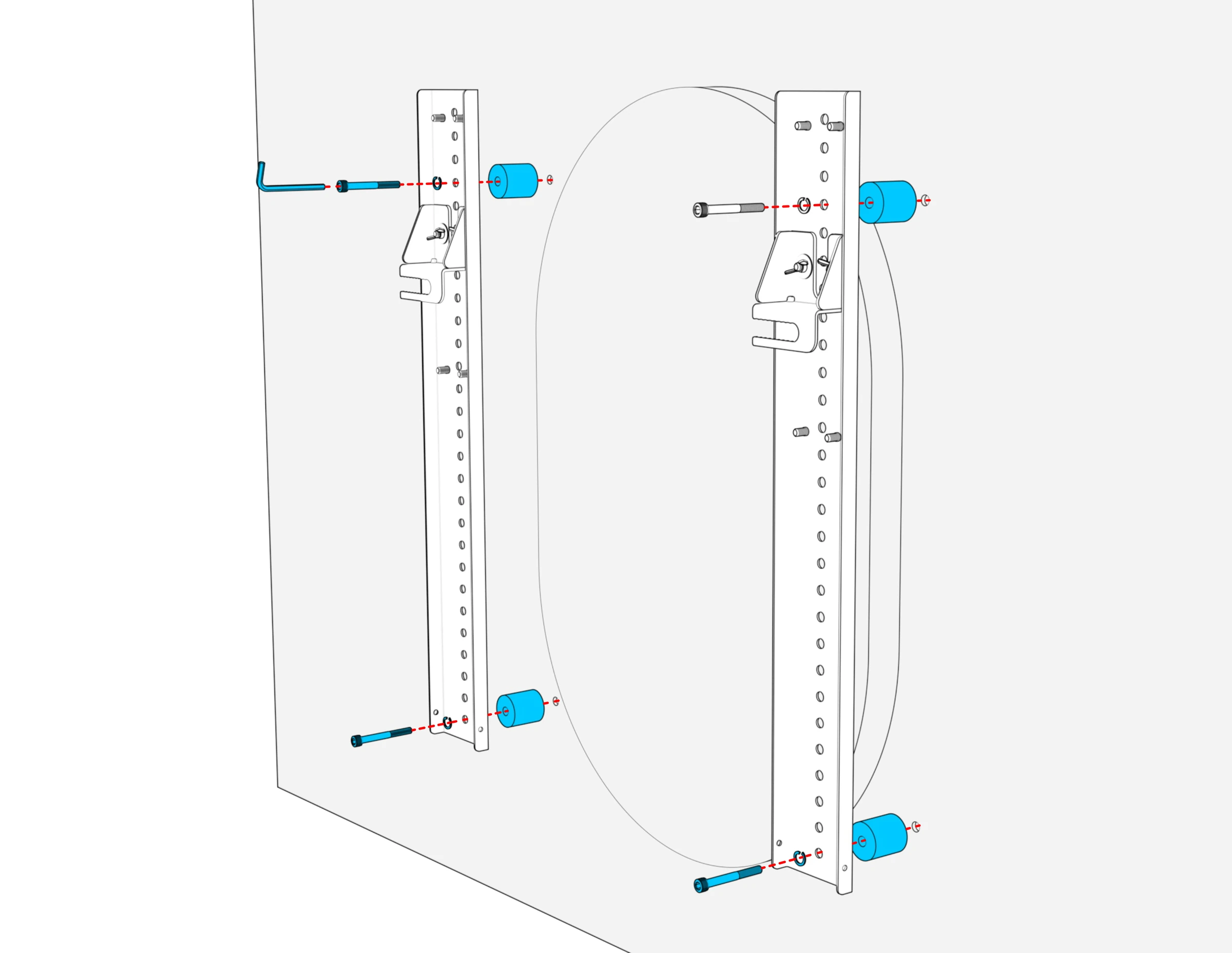 Rear view of the display with two vertical rails, spacers between the rails and display, and mounting screws aligned at four positions.