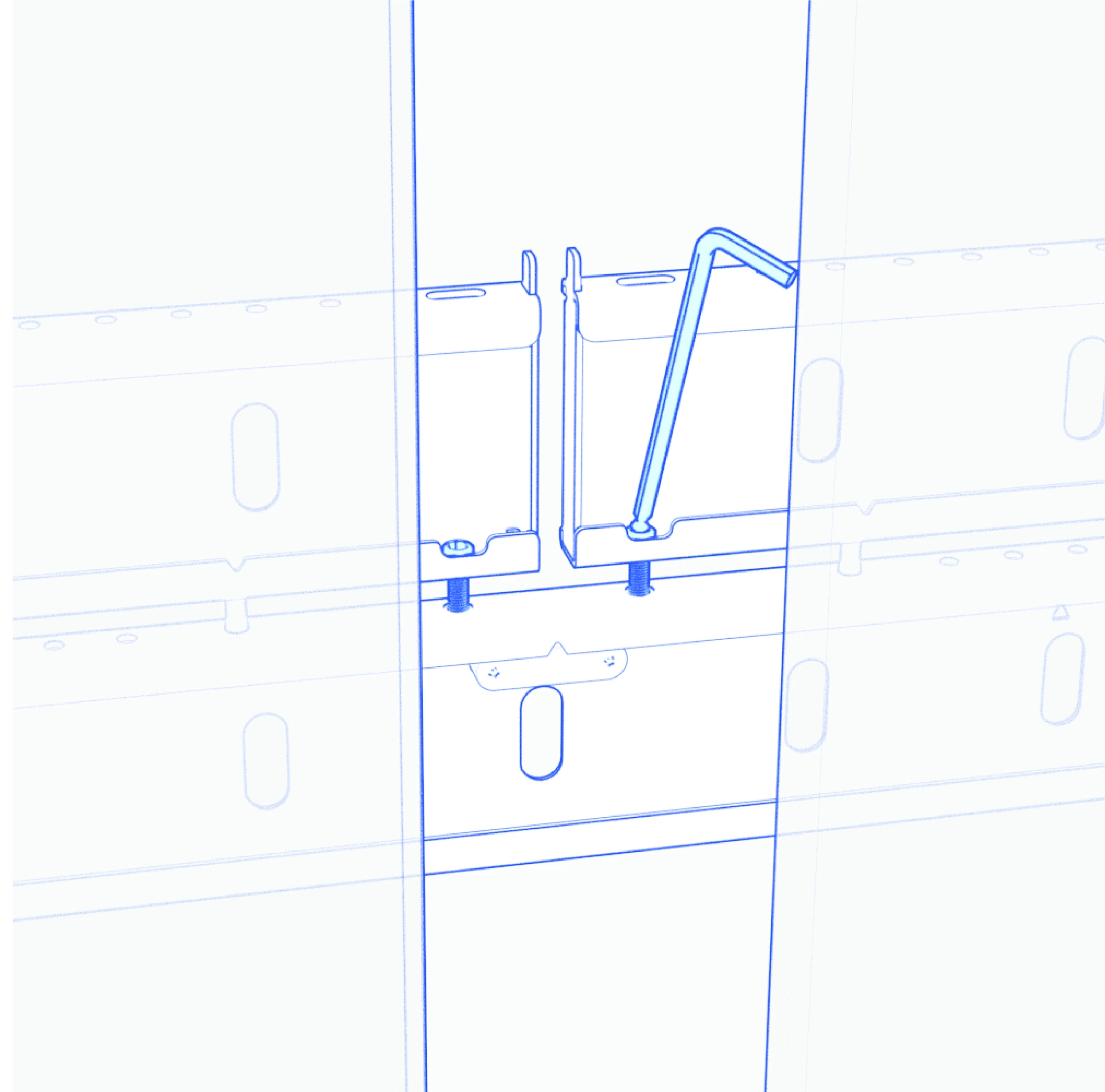 Hex key engaging a central adjustment screw between the displays.