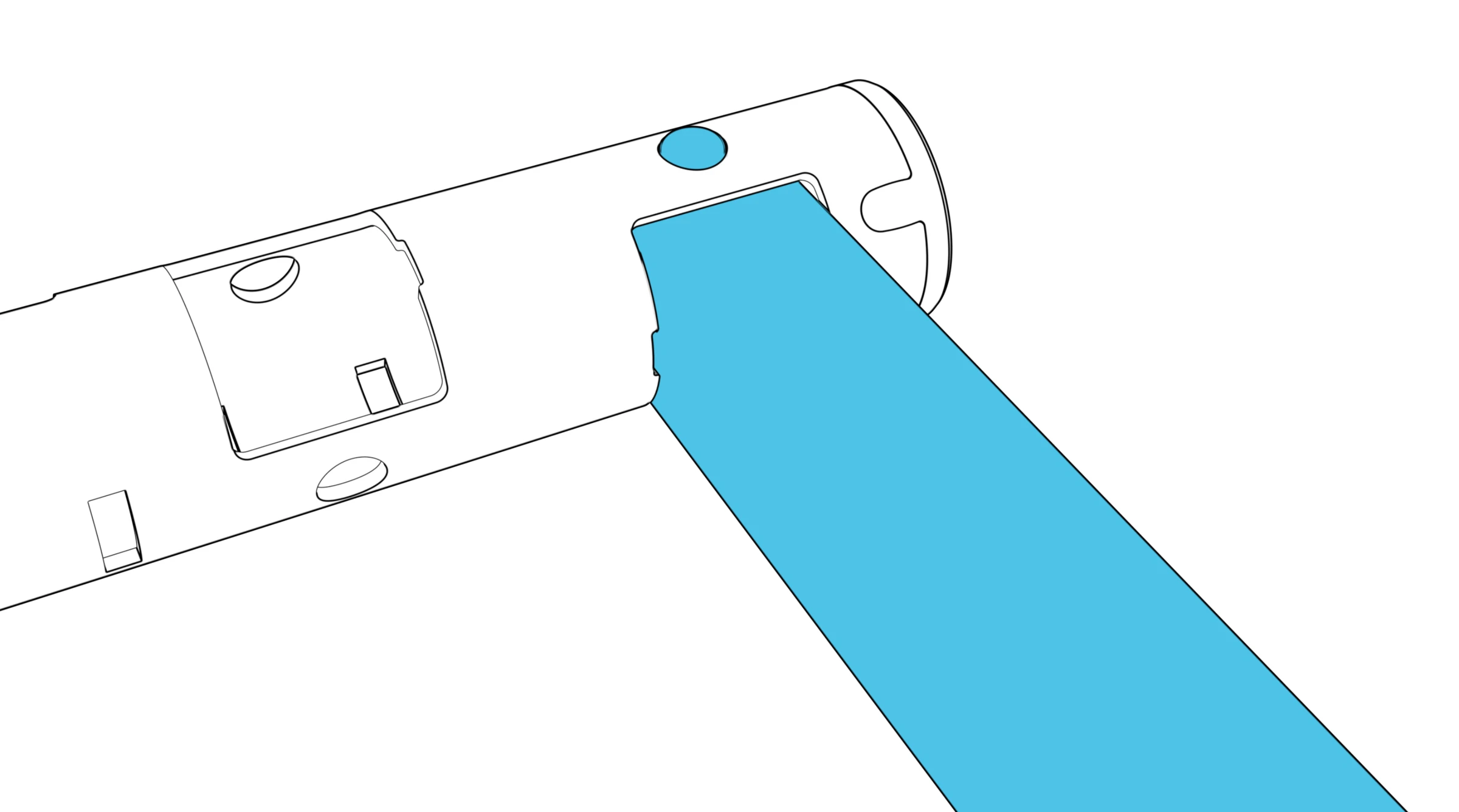 The leg seated in the beam socket with a spring button protruding through its hole.