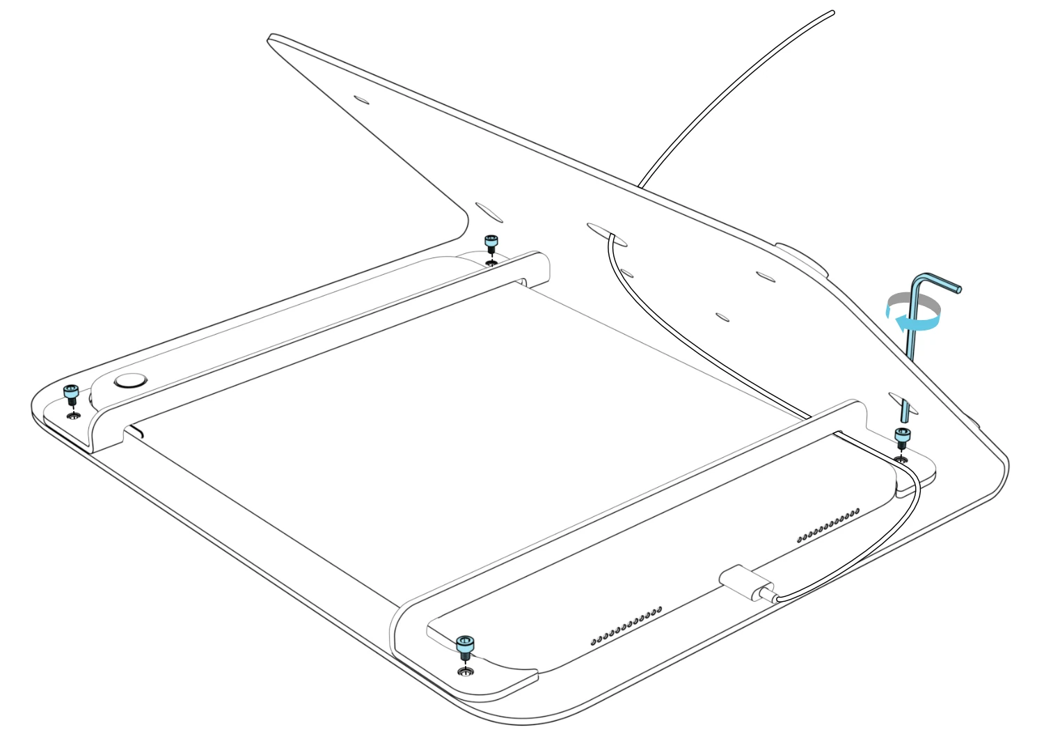 Rear view of the installed iPad with four bracket screws aligned to their holes and a hex key at one screw, with the charging cable routed behind the bracket.