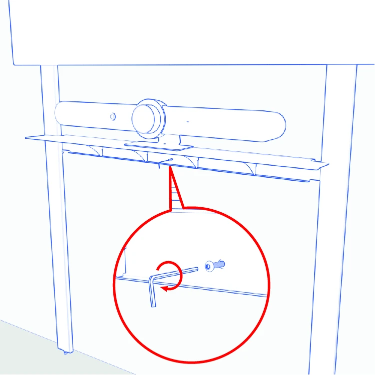Hex key turning the shelf stabilizer screw toward the wall.
