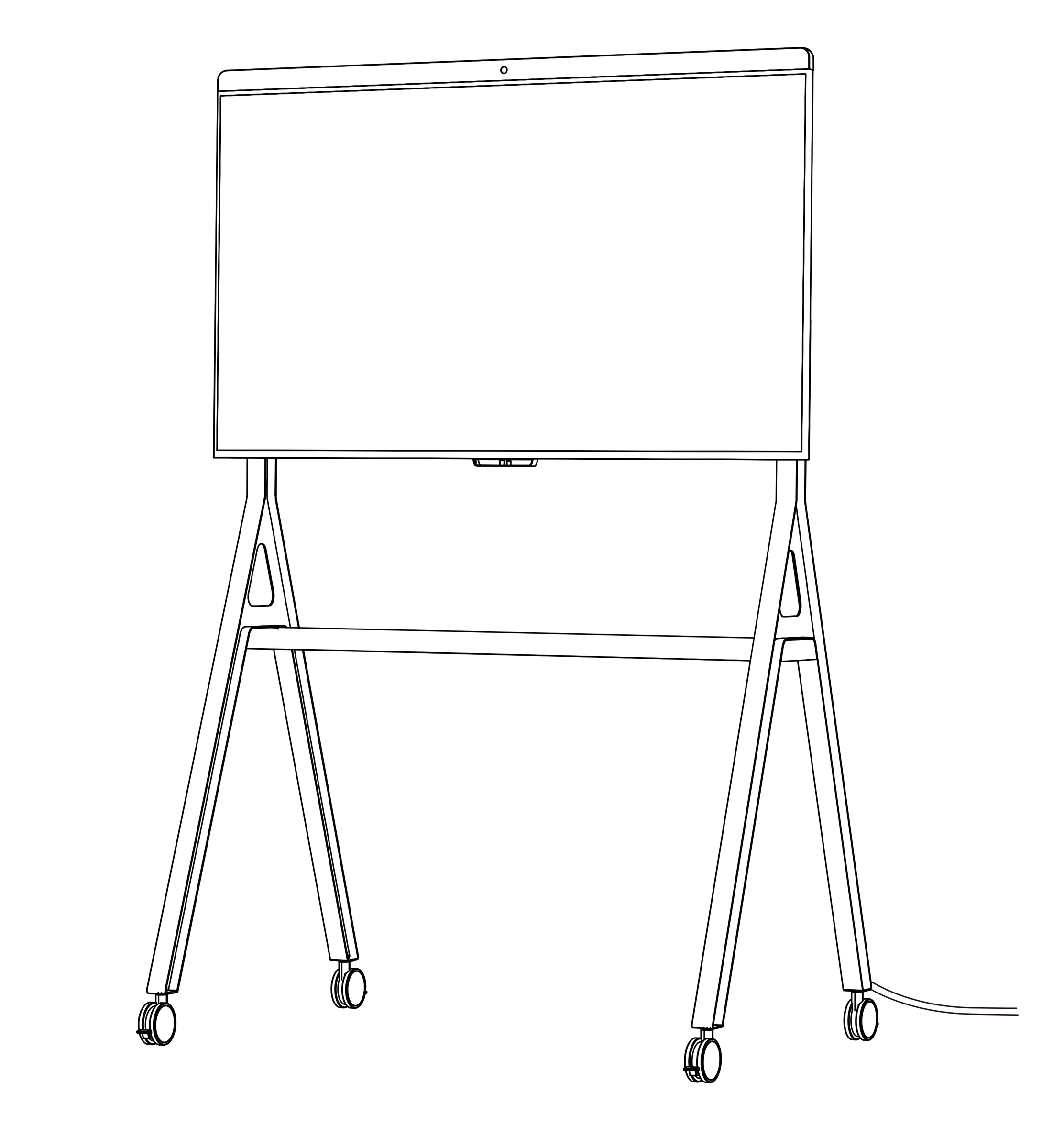 Completed display stand with cables routed down its leg to the floor.