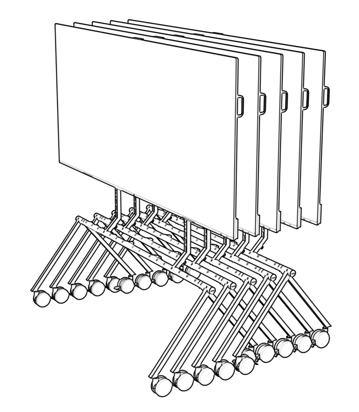Multiple display stands nested closely together for storage.