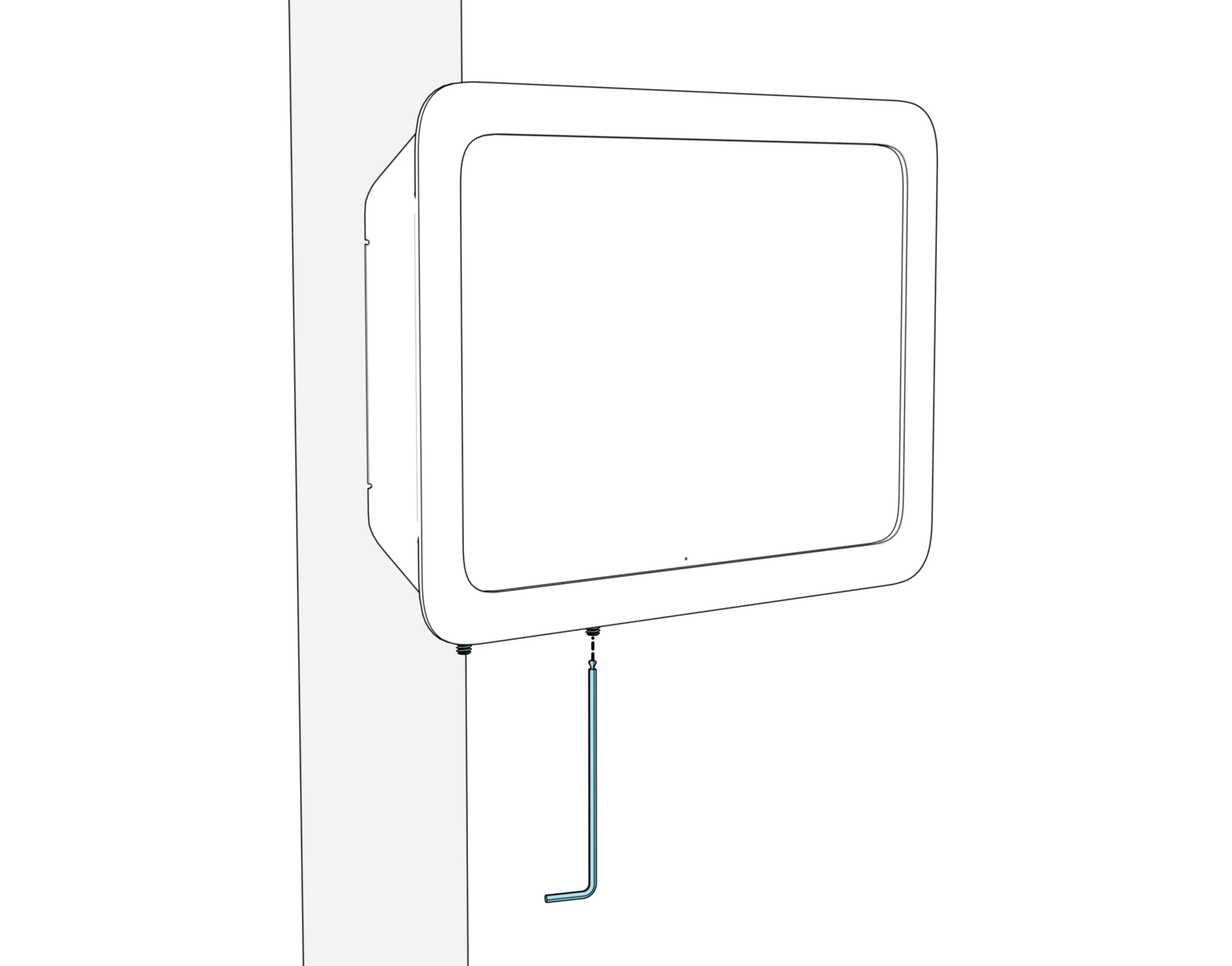 Front view of the installed enclosure with a hex key aligned upward to one of the two set screws along its bottom edge.