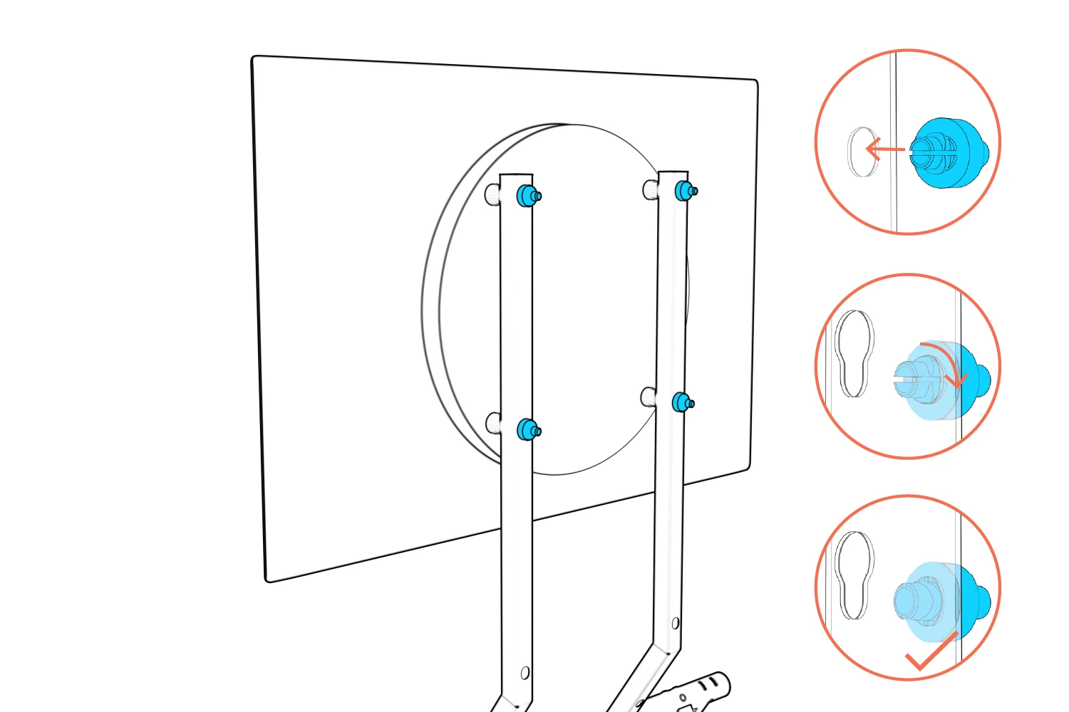 Four round felt-panel anchors inserted behind the display mounting positions, with enlarged insertion details and a check mark.
