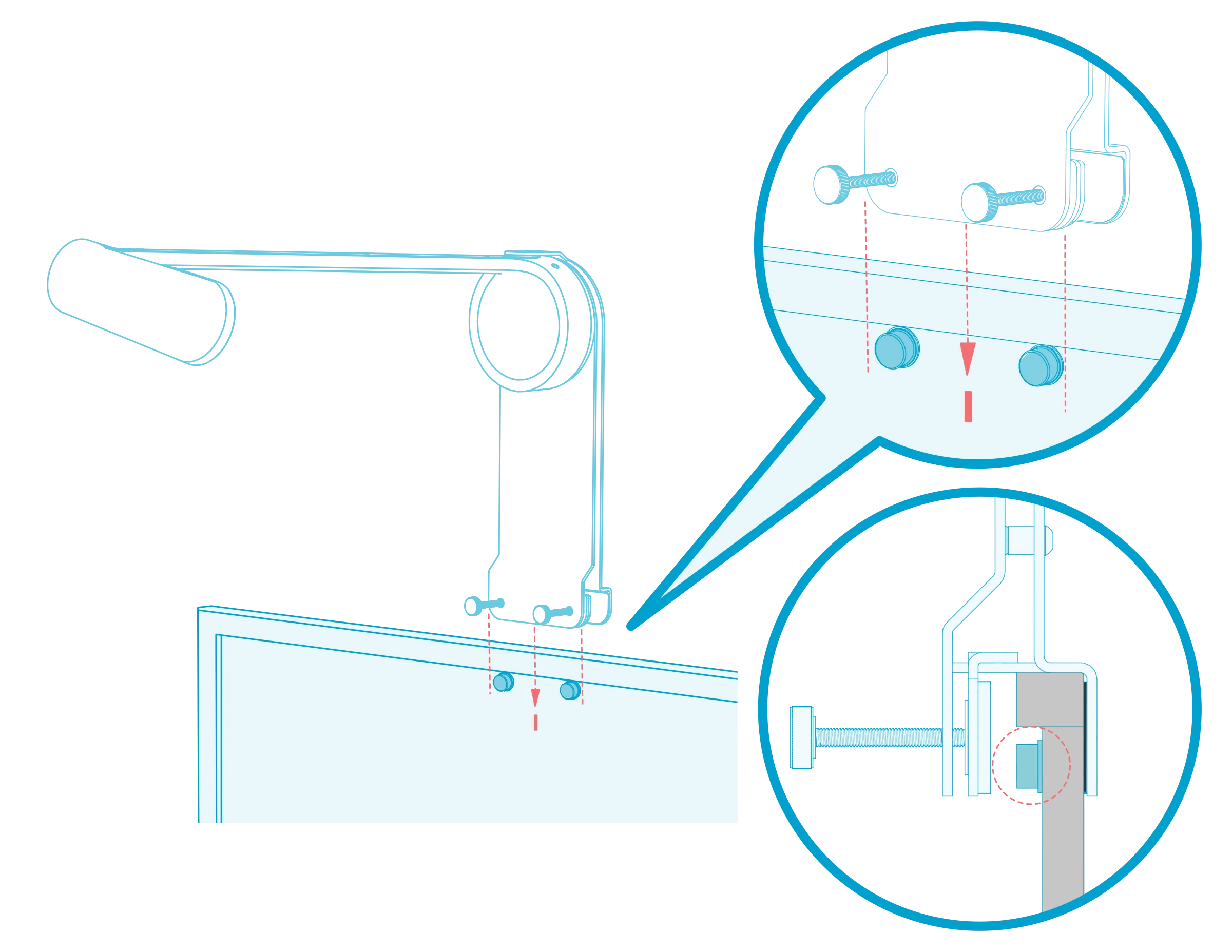 Mount positioned over a whiteboard edge, with two bumpers against the raised trim and cross-section detail of the clamp.
