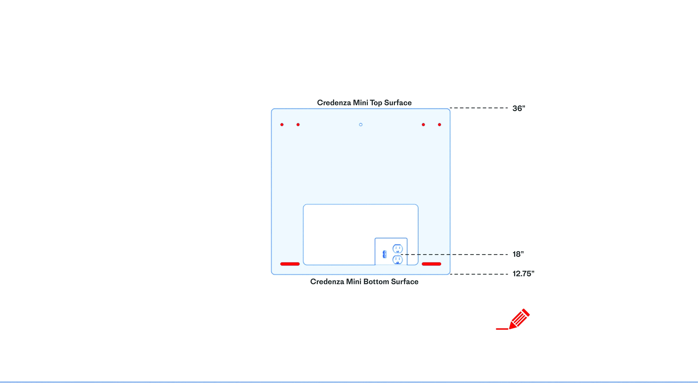 Wall template showing the credenza top at 36 inches and the outlet at 18 inches above the floor.