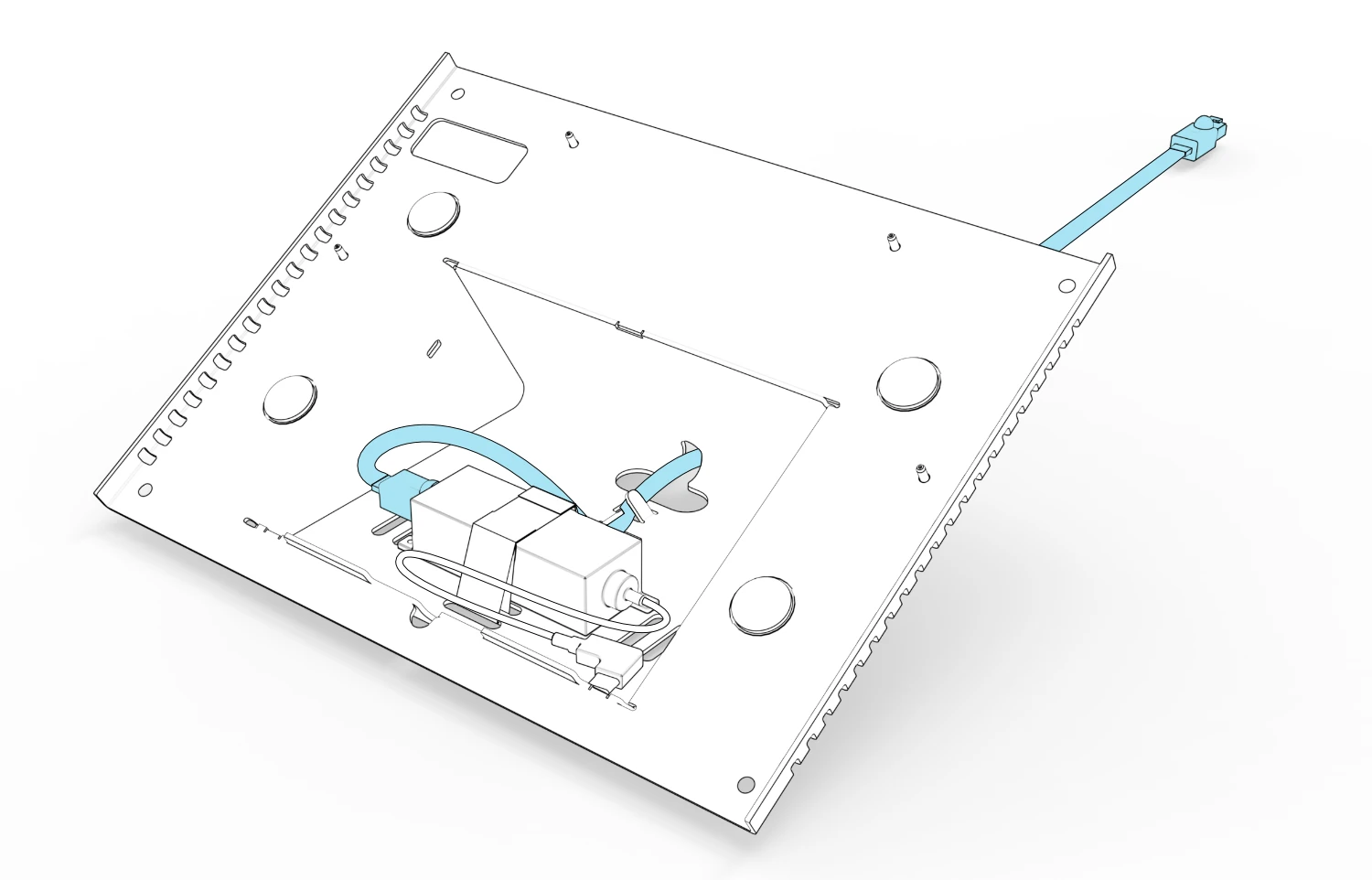Ethernet cable connected to the adapter, looped through the console cable guides, and routed out the rear opening.