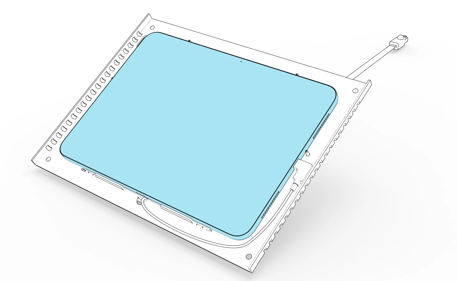 iPad seated screen-up in the console, with the right-angle USB-C connector attached at its side and the Ethernet cable exiting the rear.