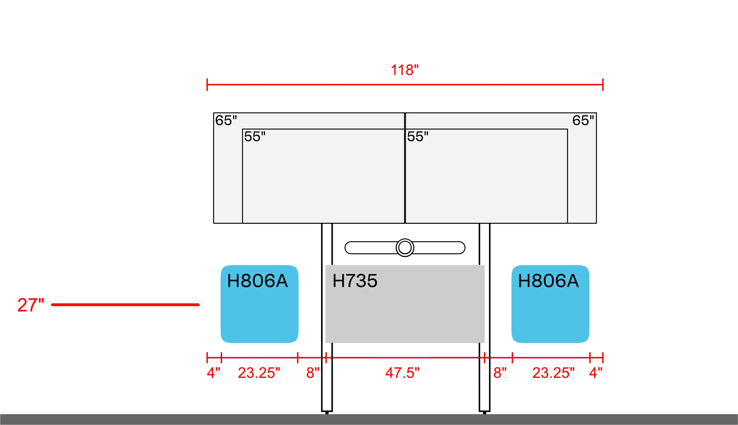 Dual-display examples on H800 AV Wall above H735 and one H806A pair, with a 118-inch layout width. The 27-inch mounting reference, panel widths, and spacing dimensions are shown.