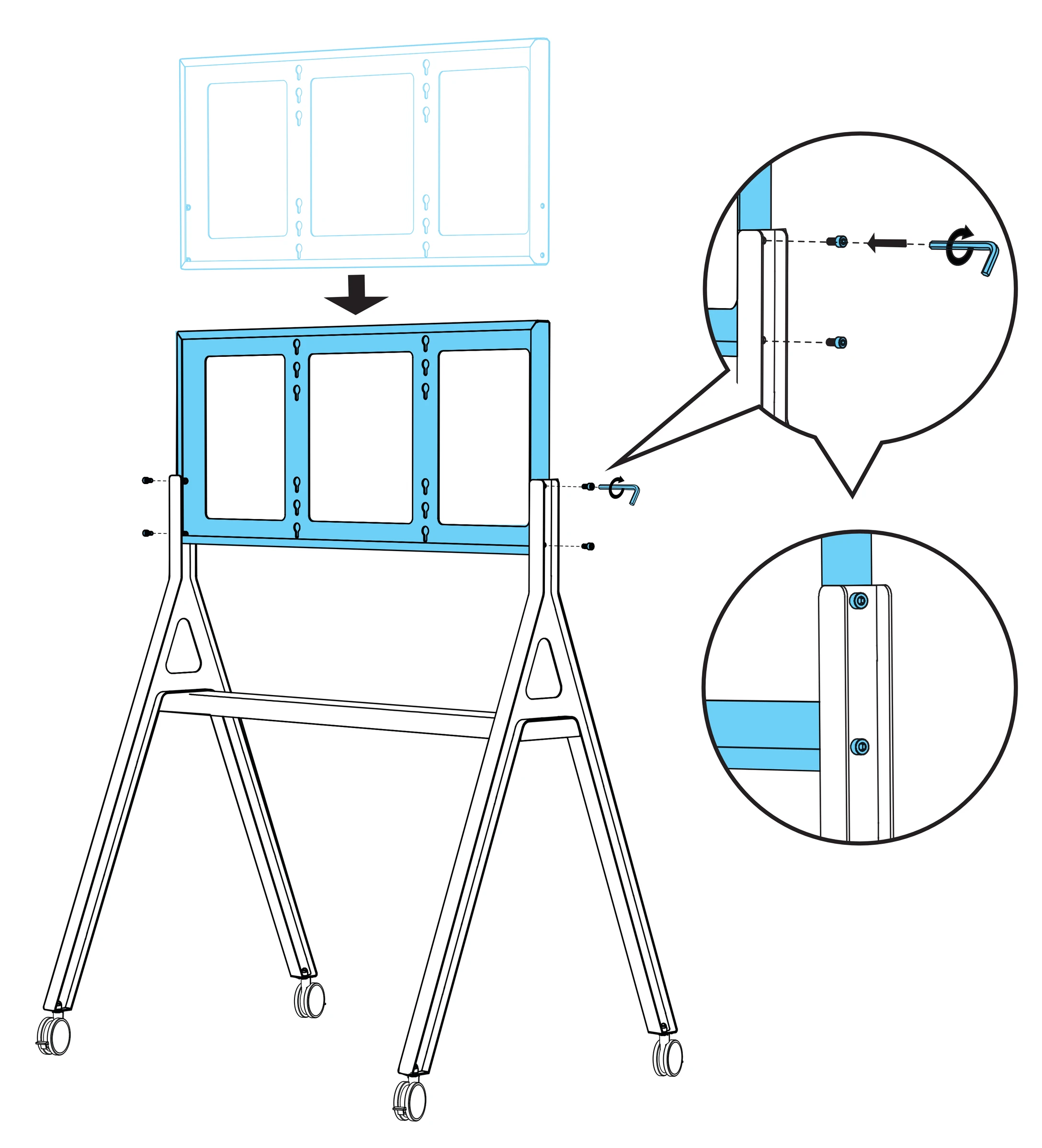 Display mounting bracket lowered between the upright legs, with enlarged views of the side mounting screws.