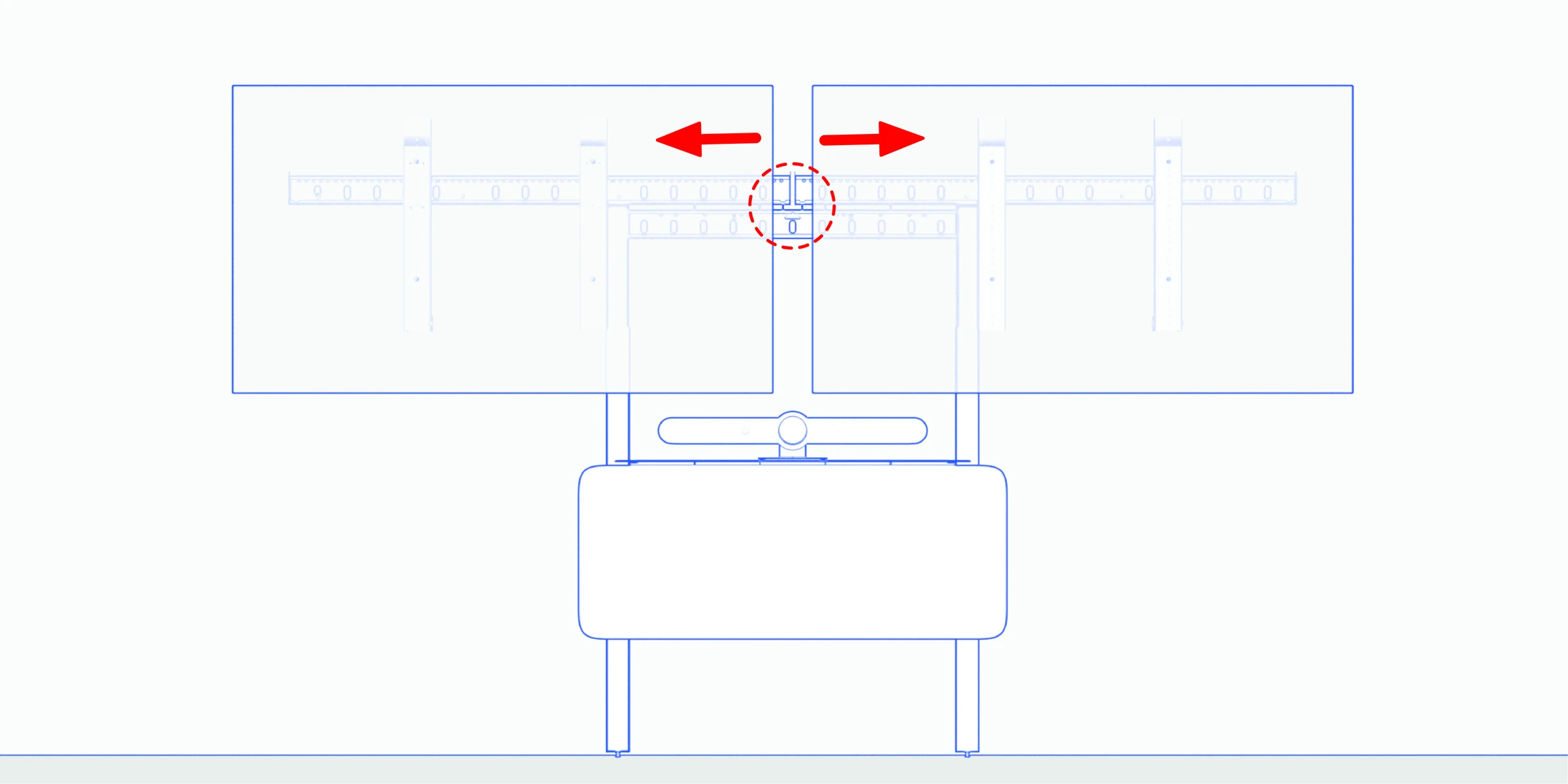 Outward arrows showing the displays moved apart to expose the central adjustment screws.
