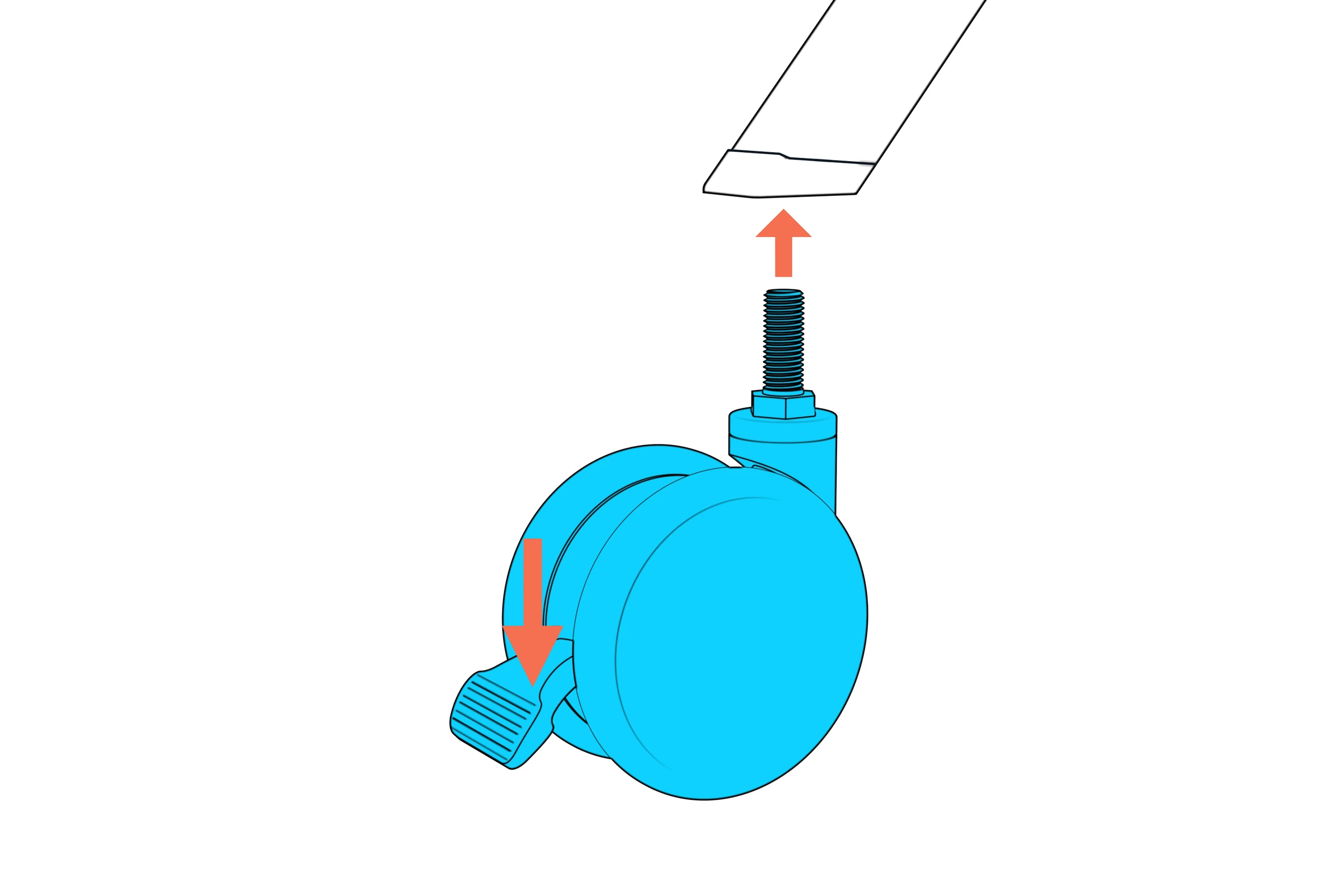 Threaded caster post aligned below a leg socket, with its brake pedal depressed.