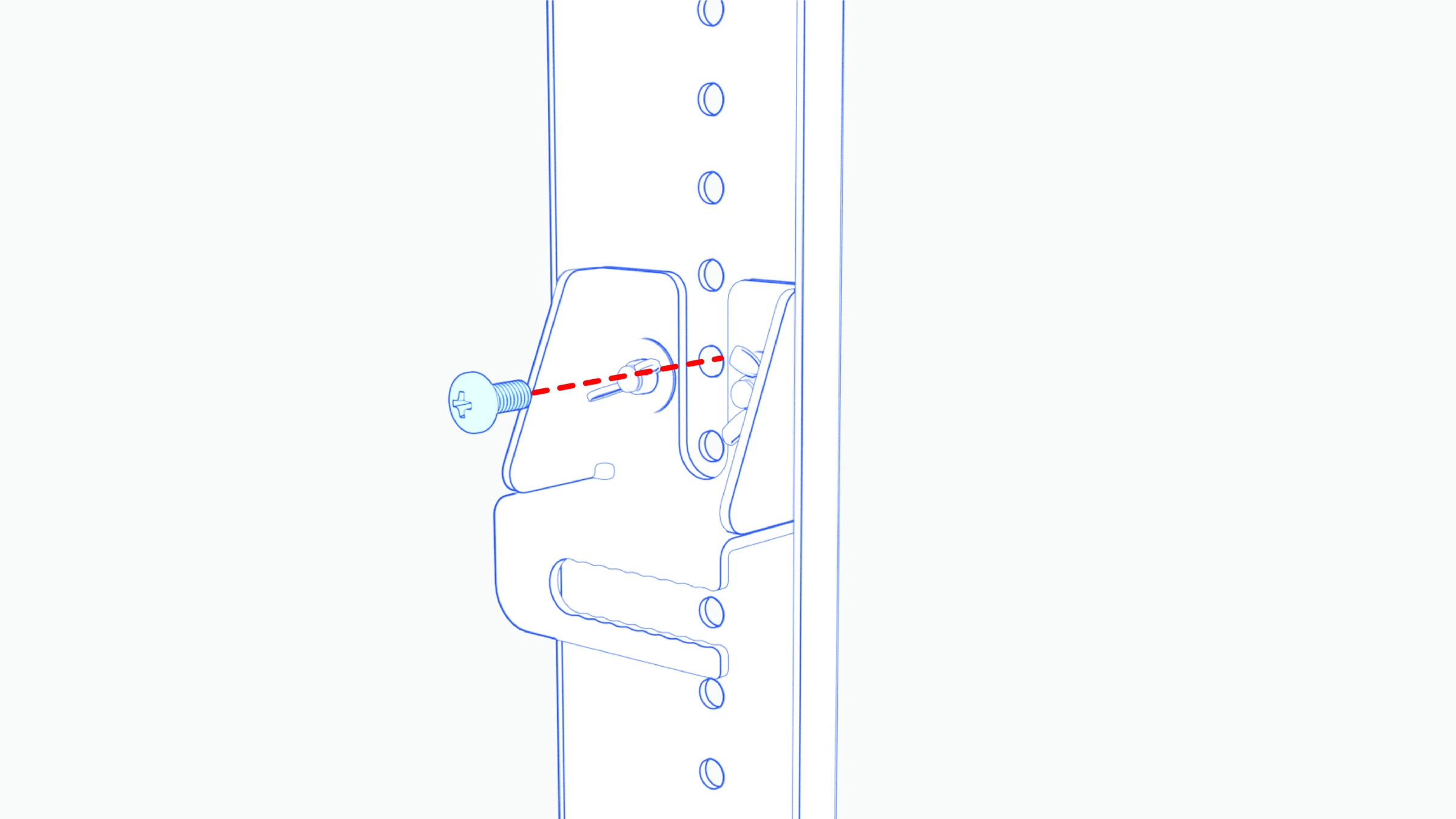Close-up of a rail mounting screw aligned with the display’s mounting hole.