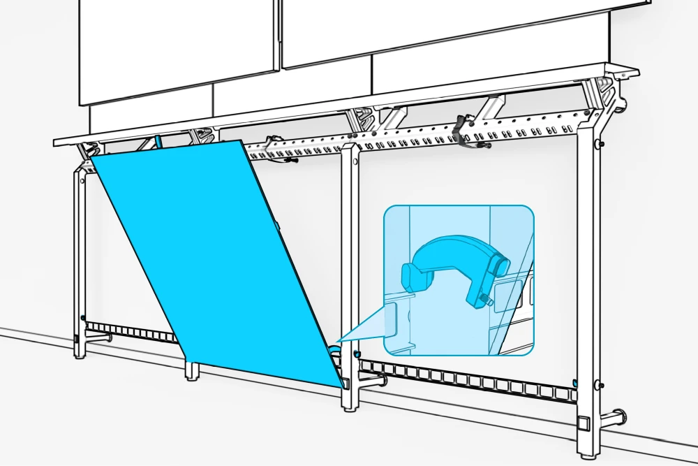An open, angled panel with an enlarged detail of its hook resting on the leg's hook anchor.